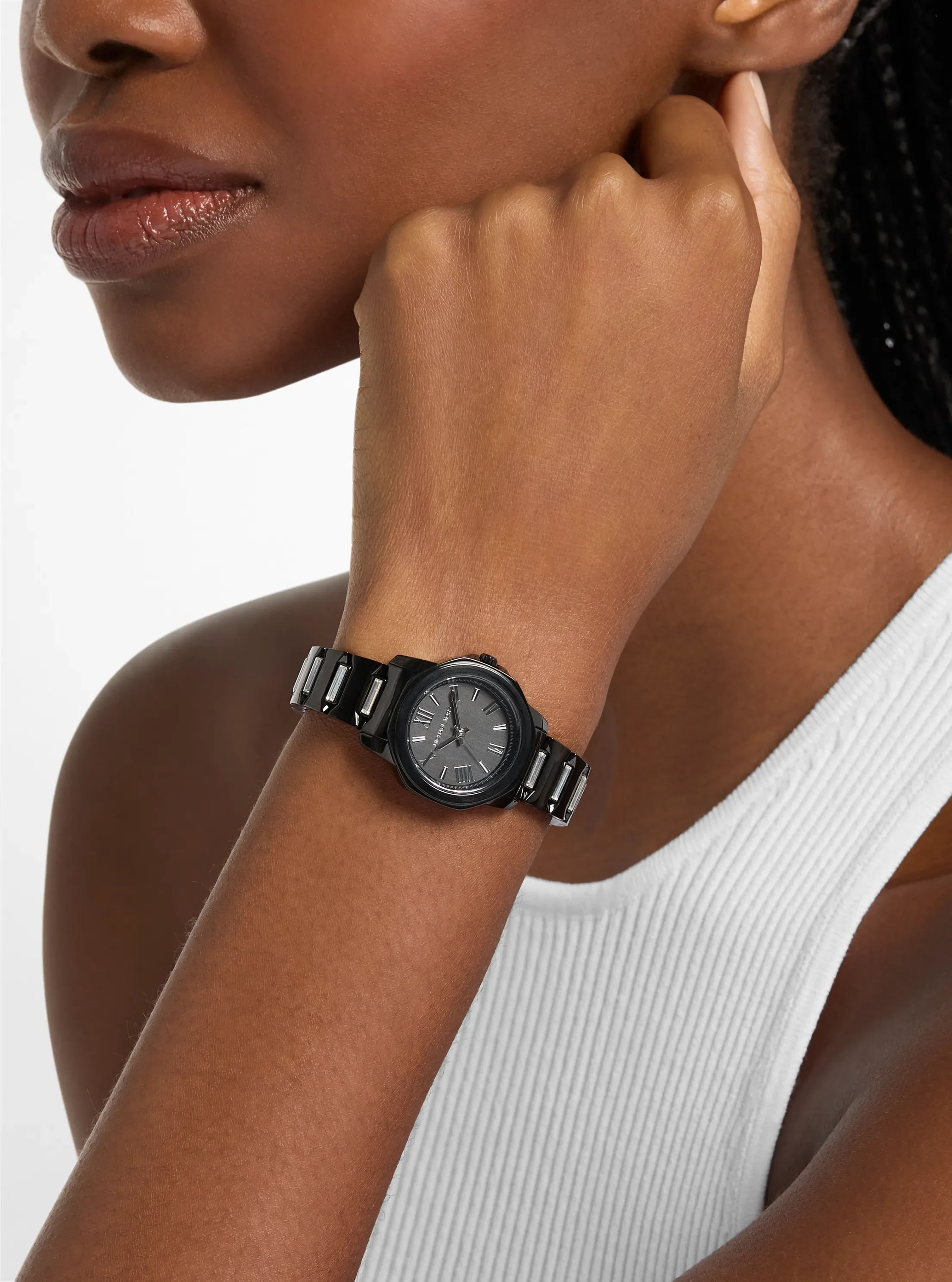 Женские часы Michael Kors Petite Prescott Baguette Black-Tone Watch, цвет: Чёрный — фото 4