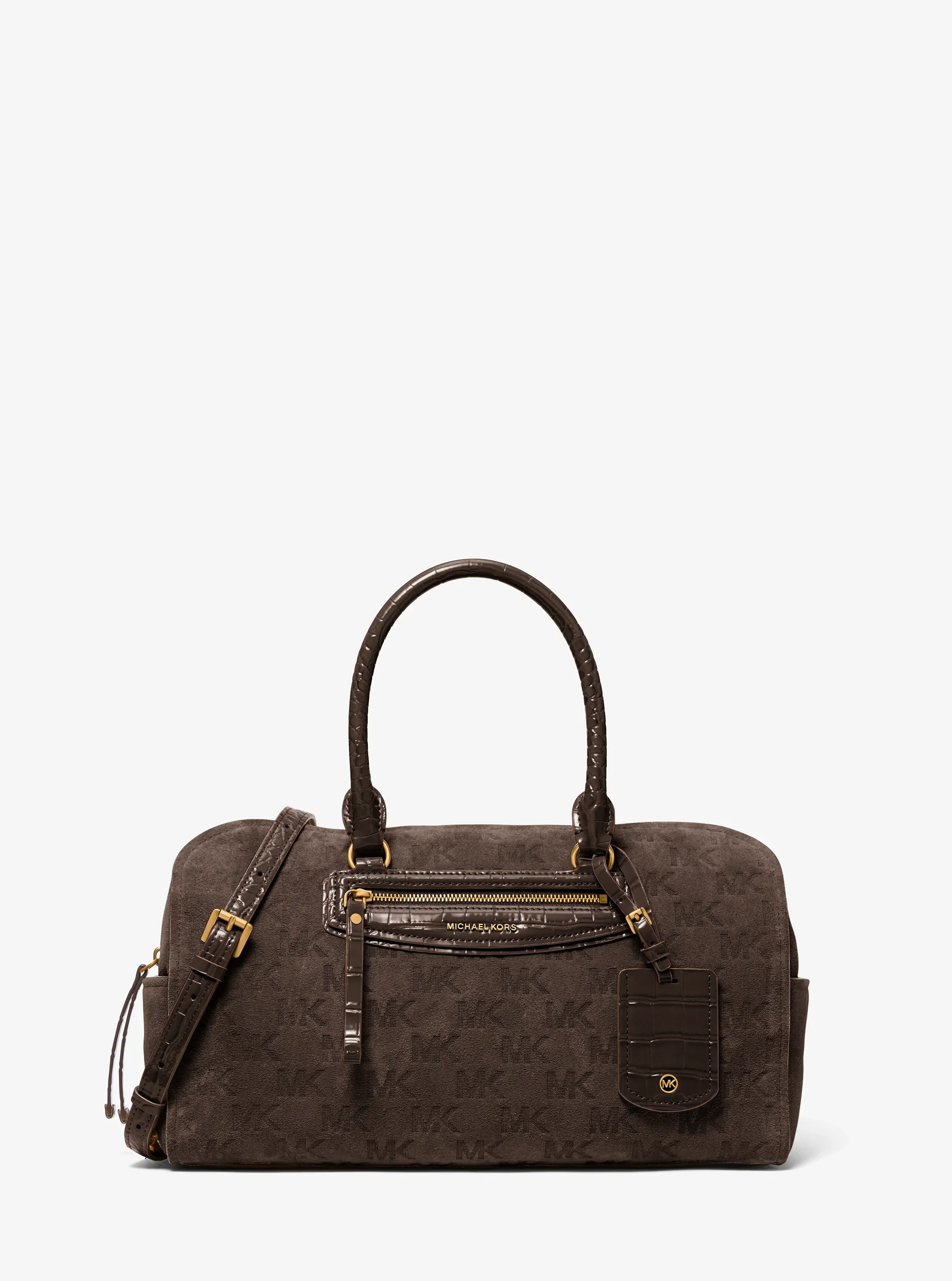 Michael Kors Jet Set Travel Medium Logo Embossed Suede Duffel Crossbody Bag