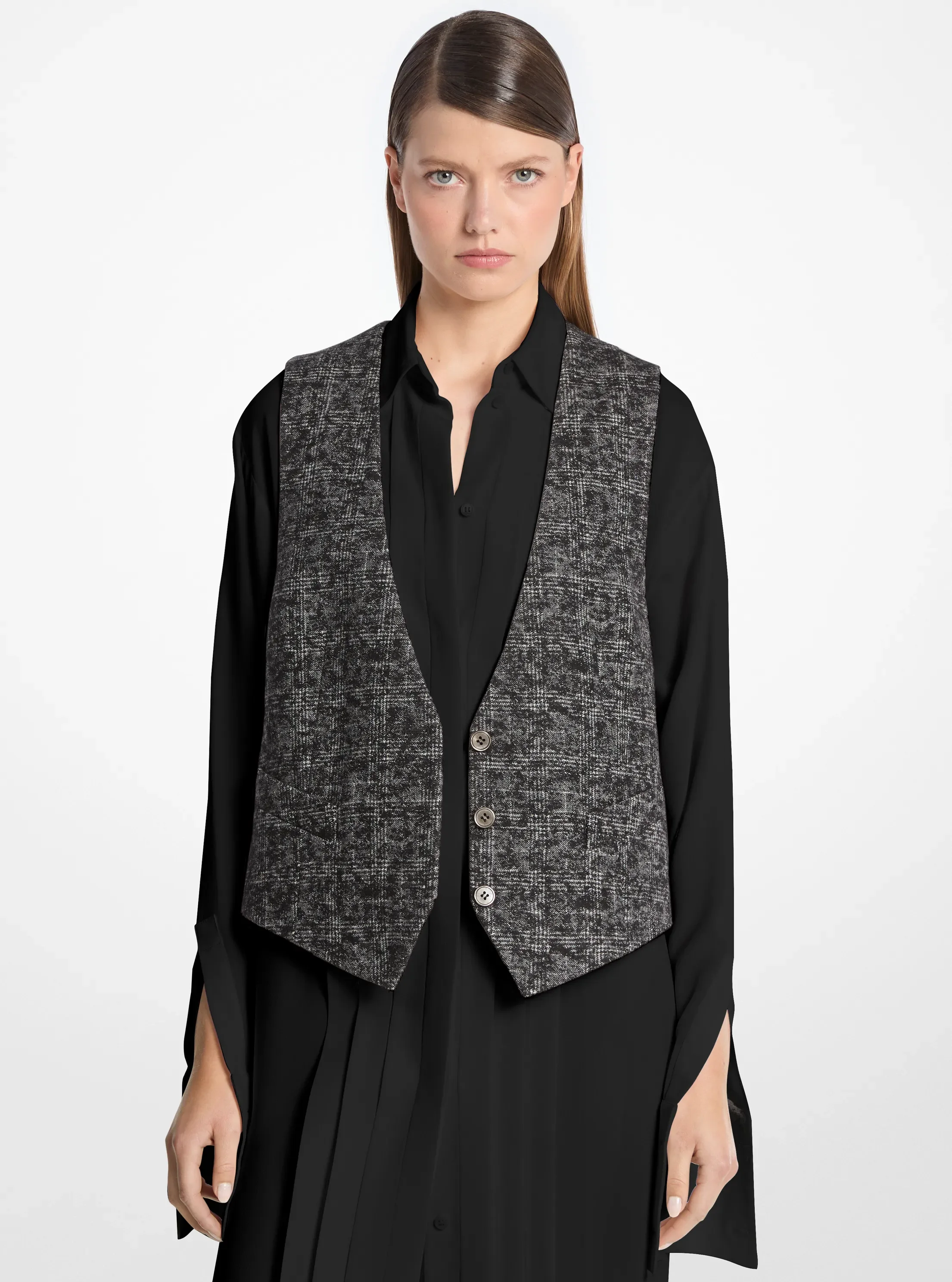 Жилет Michael Kors Cropped Smudge Glen Plaid Wool Vest, цвет: Чёрный / Белый
