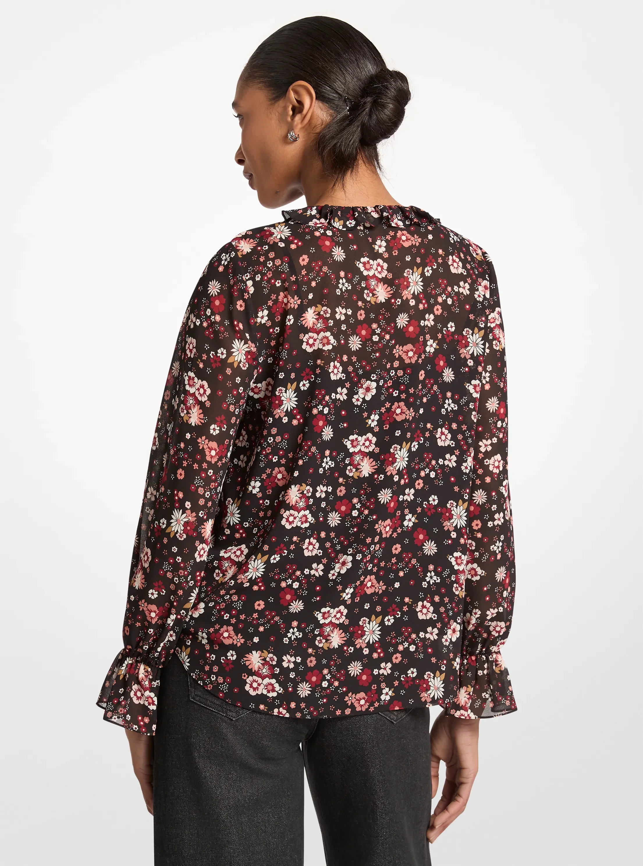 Топ Michael Kors Ruffled Floral Print Georgette Top, цвет: Чёрный — фото 2