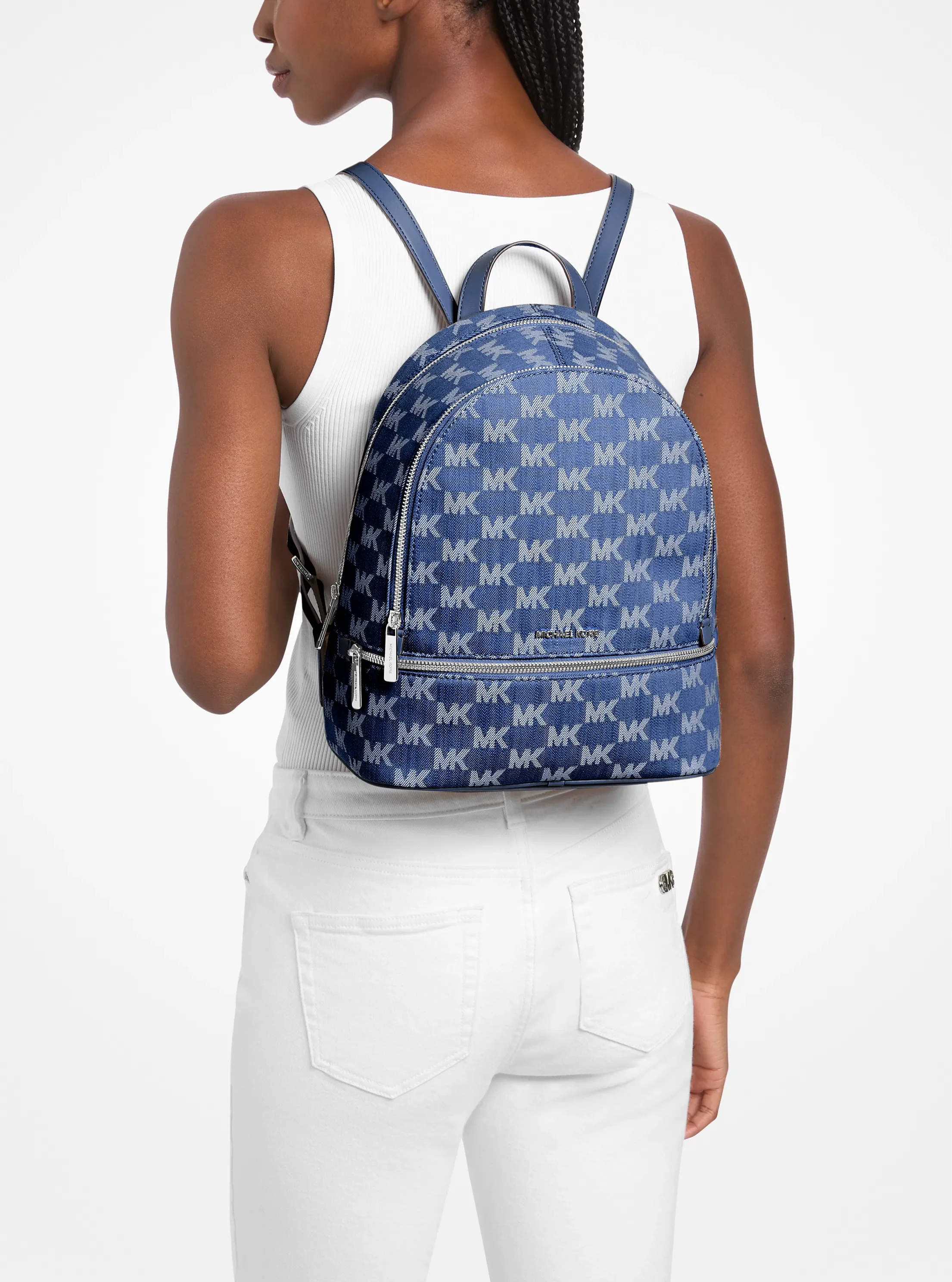 Michael Kors Rhea Medium Logo Jacquard Denim Backpack — фото 3
