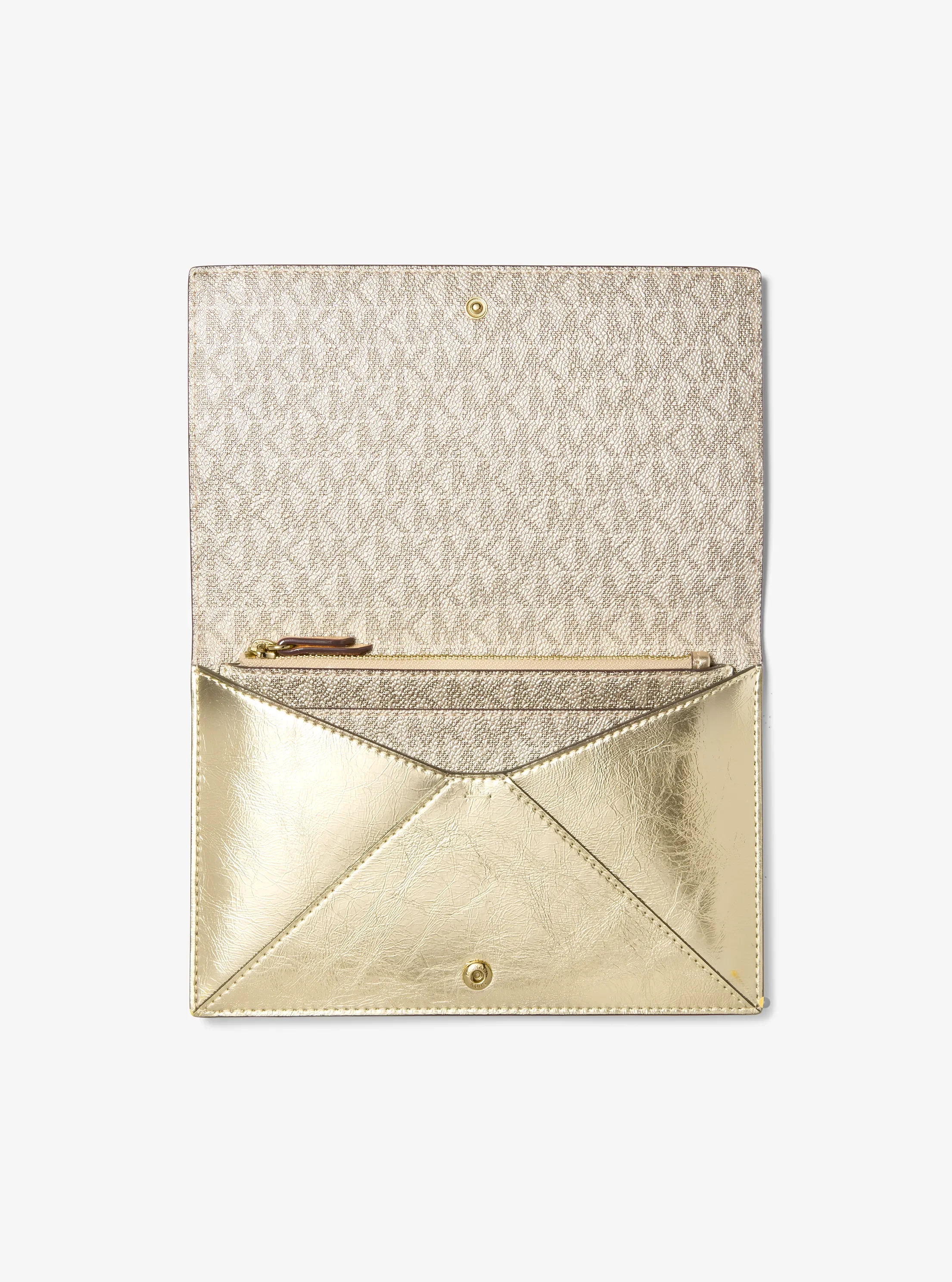 Женская сумка Michael Kors Jet Set Travel Small Metallic and Signature Logo 2-in-1 Clutch, цвет: Бледный золотой — фото 2