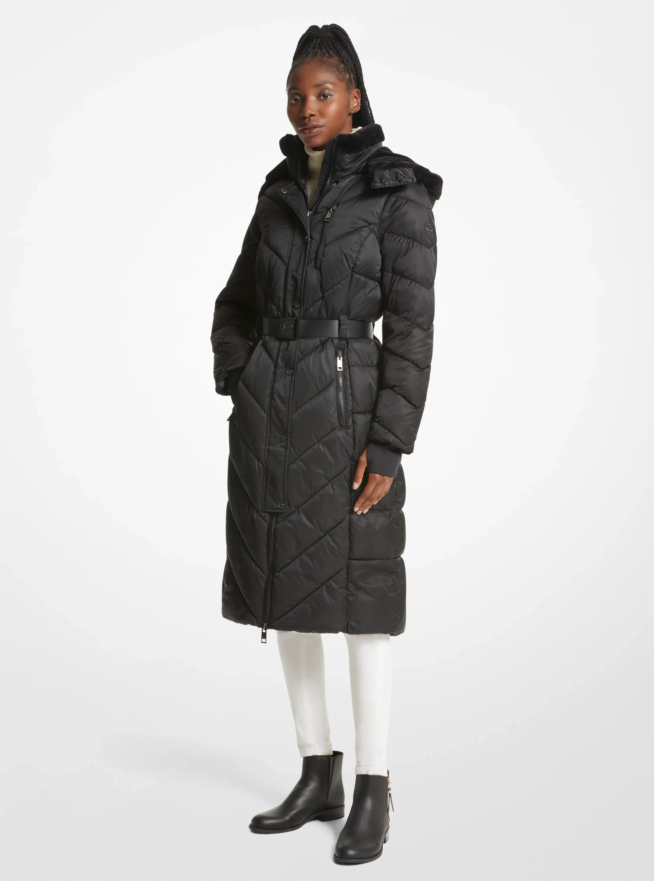 Куртка Michael Kors Faux Fur Trim Belted Puffer, цвет: Чёрный