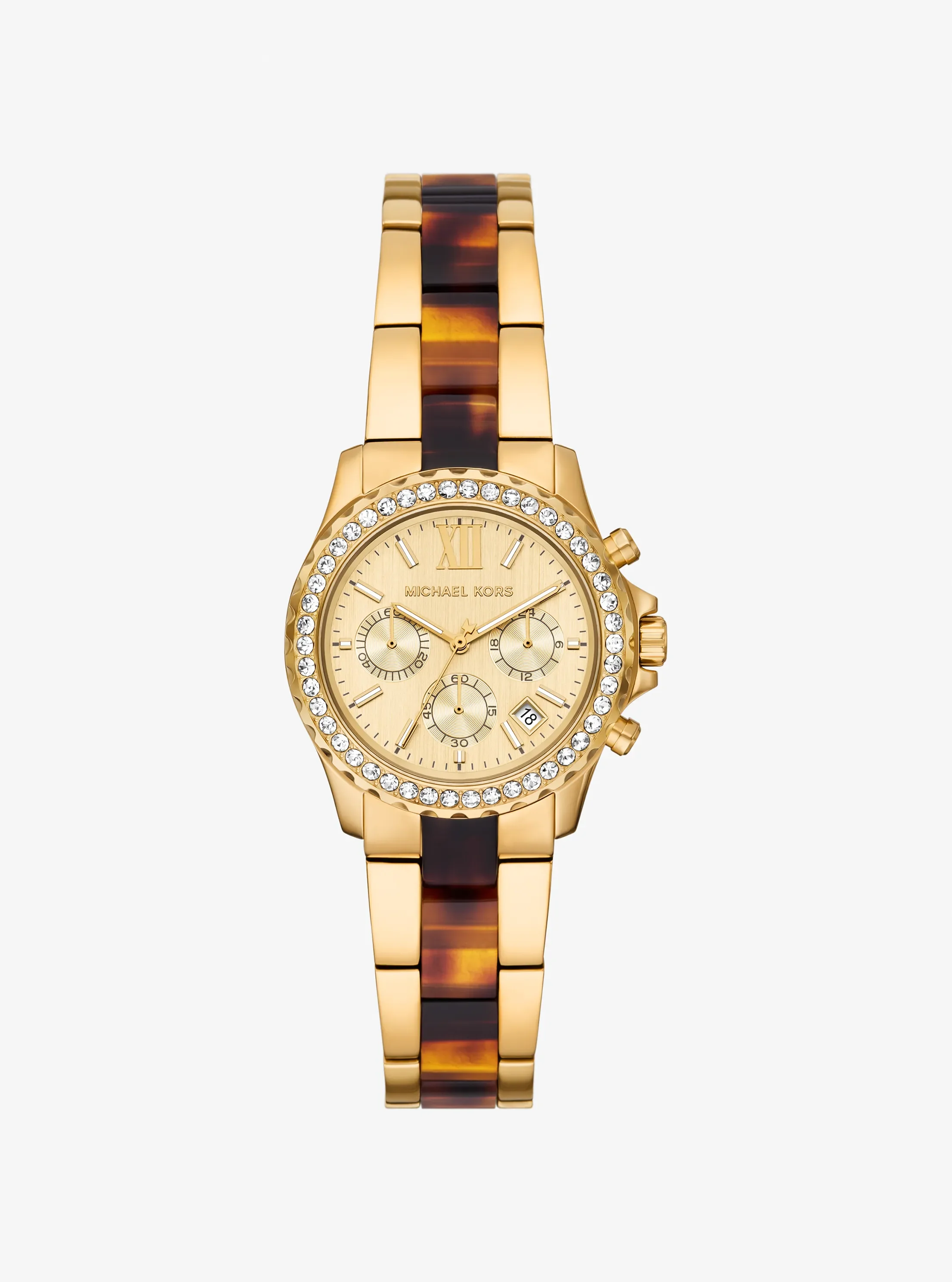 Часы Michael Kors Mini Everest Pavé Gold-Tone and Tortoiseshell Acetate Watch, цвет: Золотой