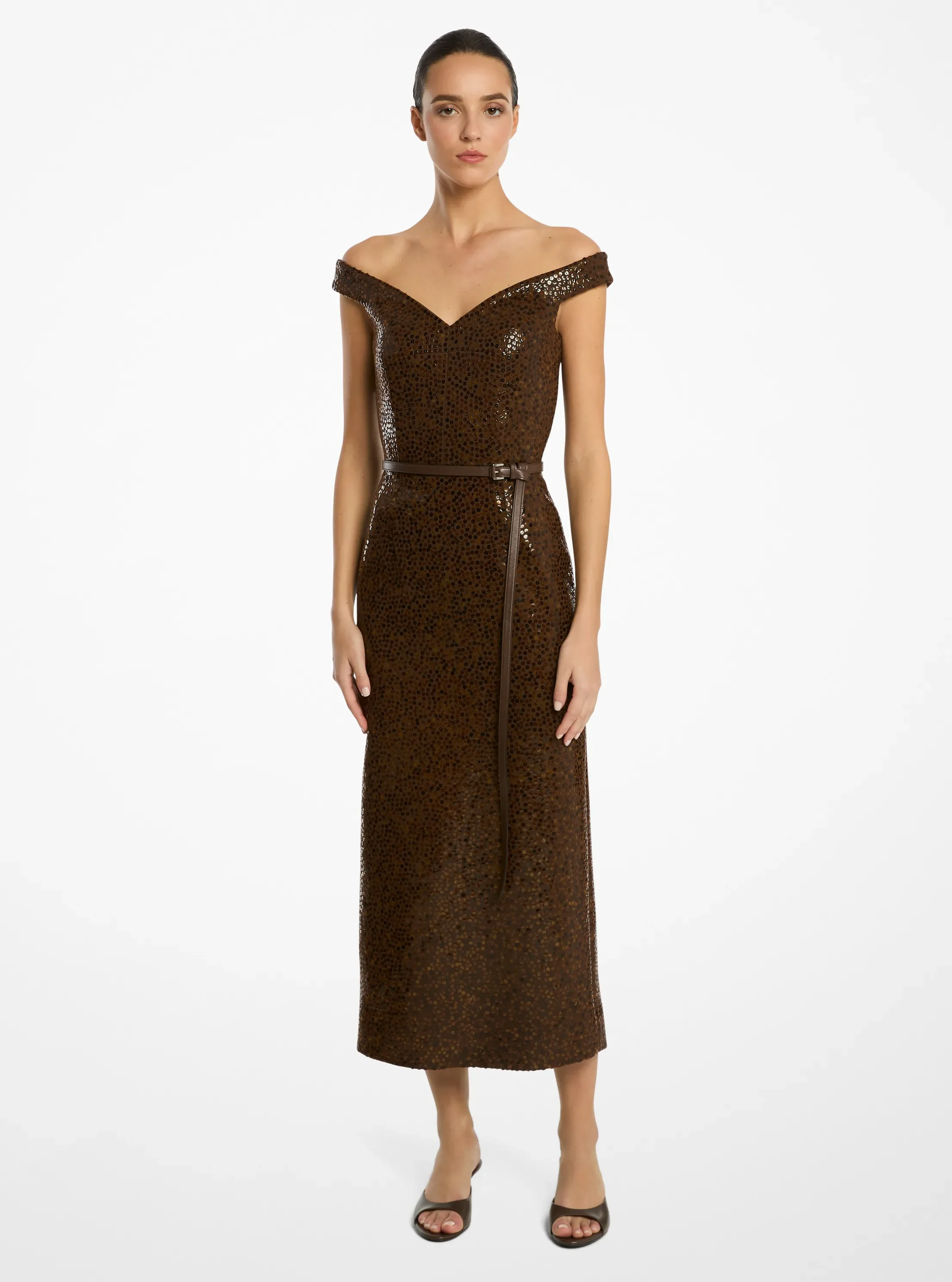 Женское платье Michael Kors Hand-Embellished Paillettes Crepe Off-The-Shoulder, цвет: Java