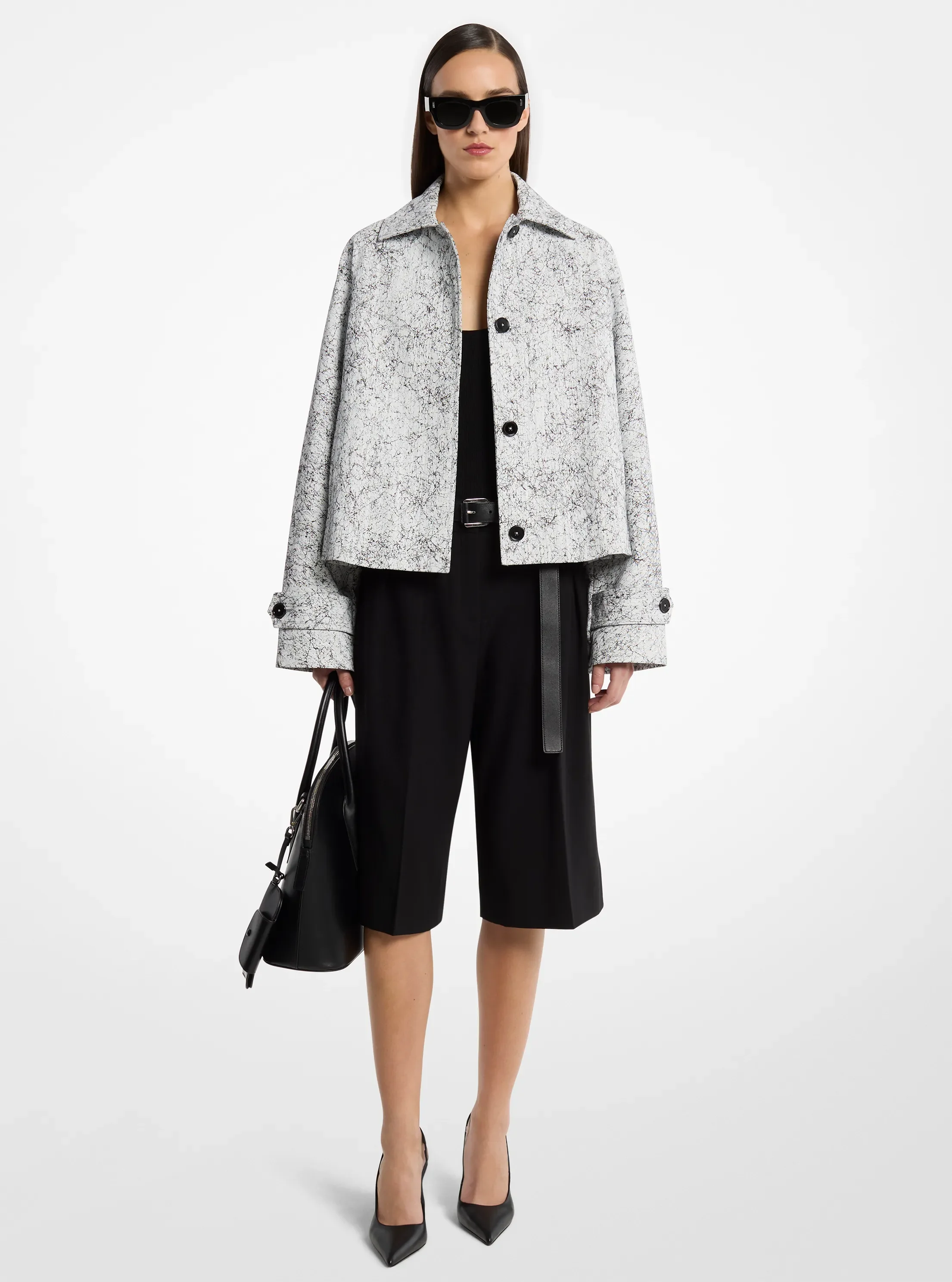 Michael Kors Crackled Denim Cropped Balmacaan