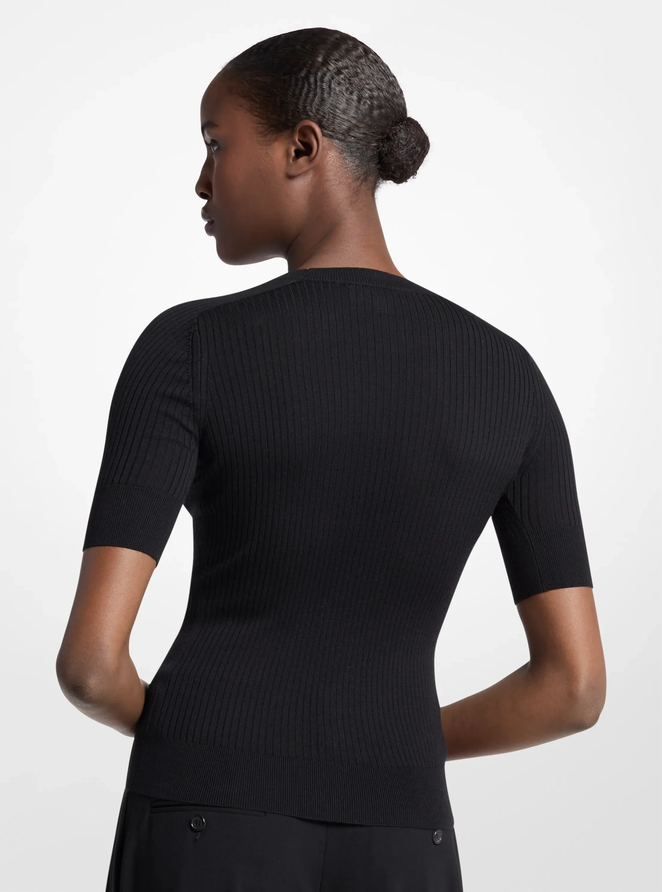 Женский свитер Michael Kors Ribbed Wool Elbow-Sleeve, цвет: Чёрный — фото 2