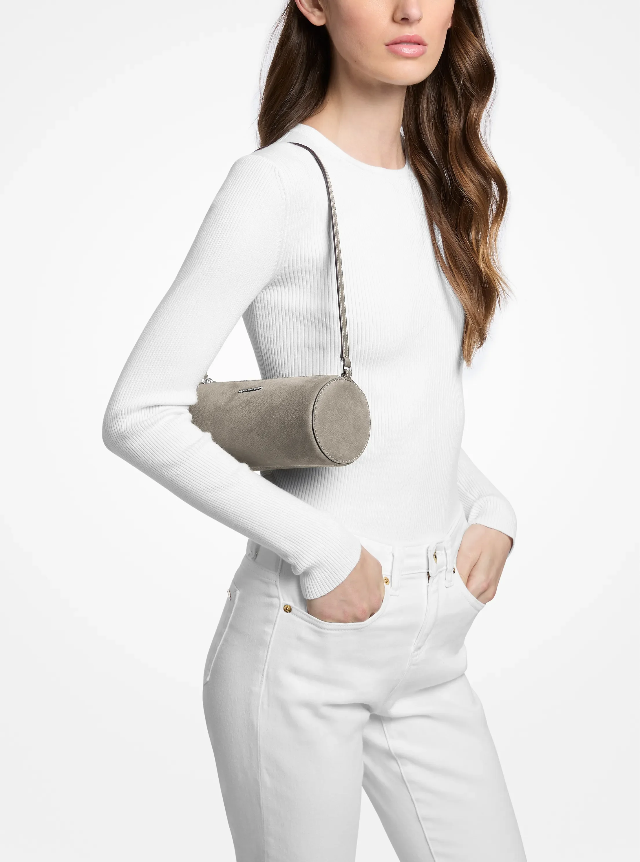 Женская сумка Michael Kors Izzy Small Nubuck Barrel Pochette, цвет: Меланжевый серый — фото 4