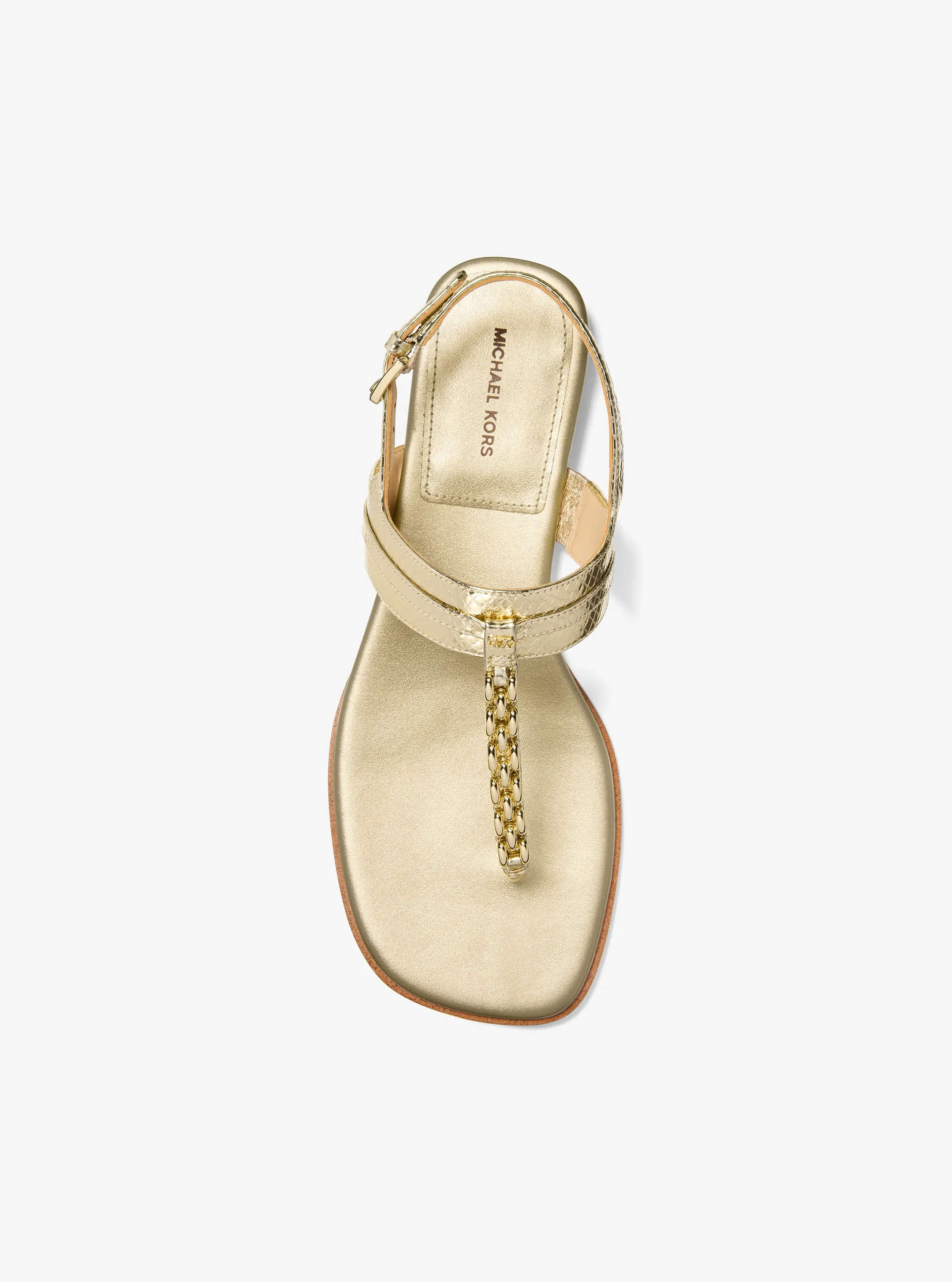 Женские сандалии Michael Kors Marcia Embellished Metallic Leather Sandal, цвет: Бледный золотой — фото 3