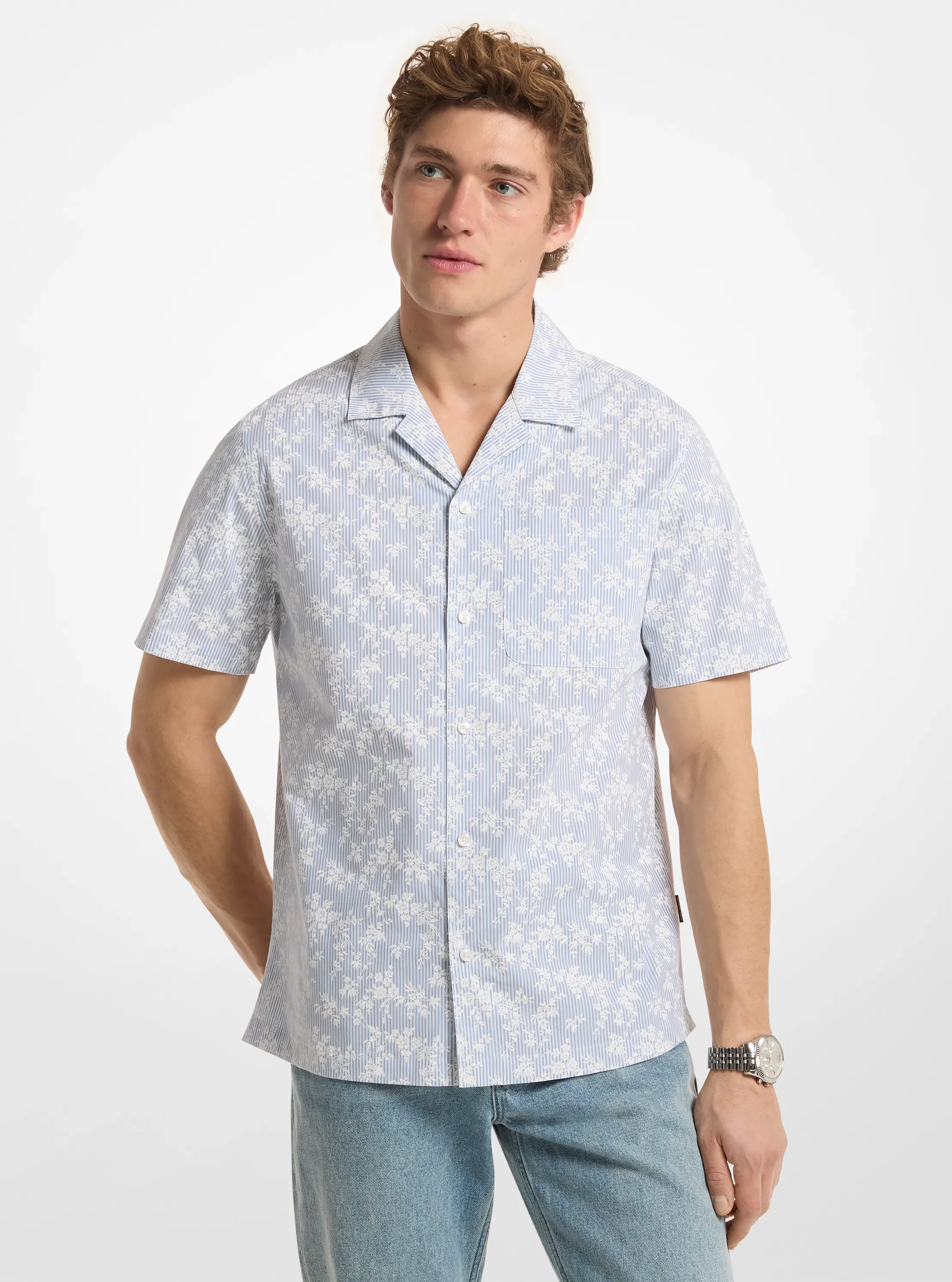 Рубашка Michael Kors Floral Stretch Cotton Short-Sleeve Shirt, цвет: Шамбре
