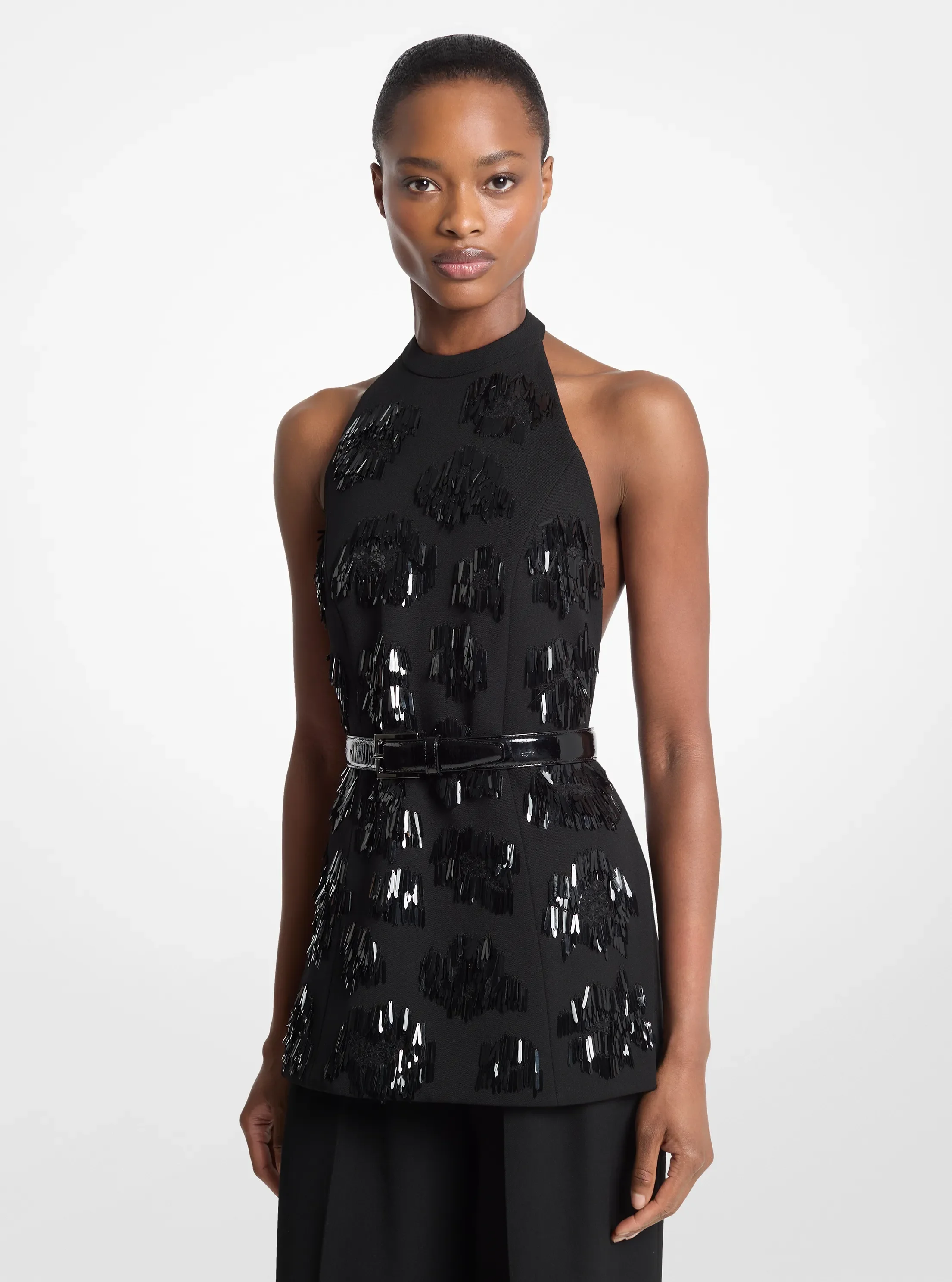 Michael Kors Hand-Embroidered Paillette Wool Gabardine Halter Top