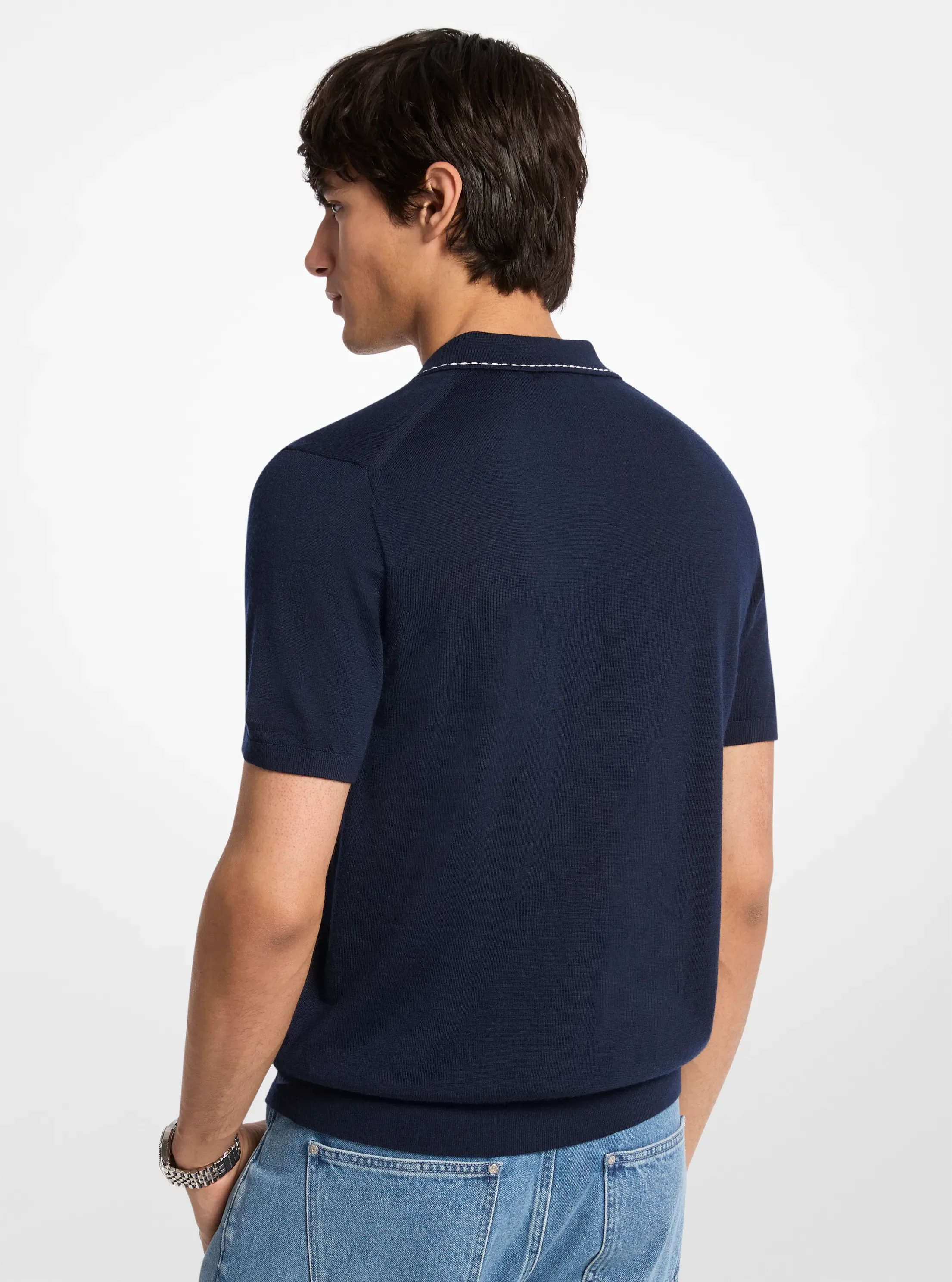 Мужское поло Michael Kors Contrast-Trim Wool Polo, цвет: Тёмно-синий — фото 2