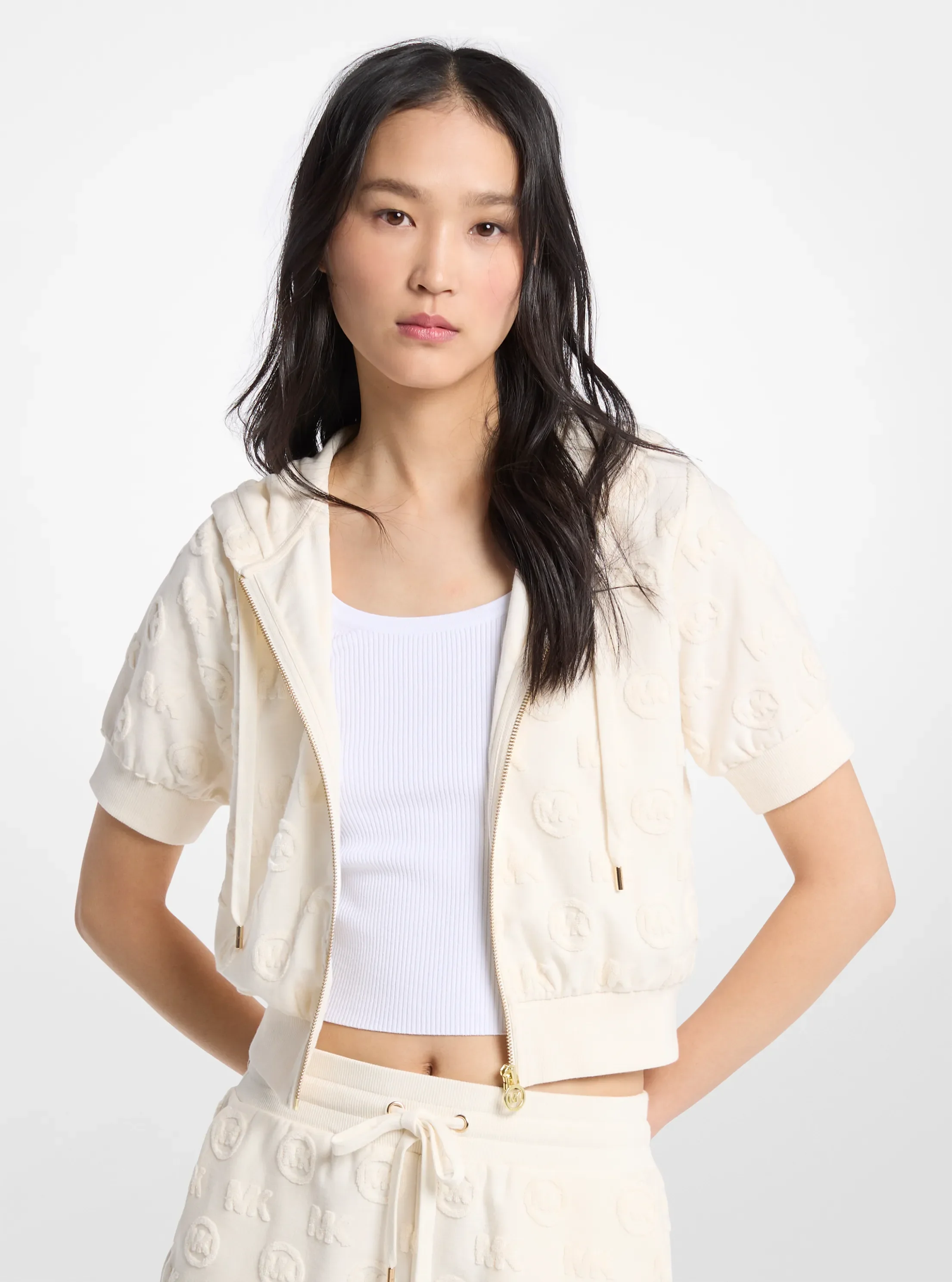 Куртка Michael Kors Logo Jacquard Terry Short-Sleeve Jacket, цвет: Костяной