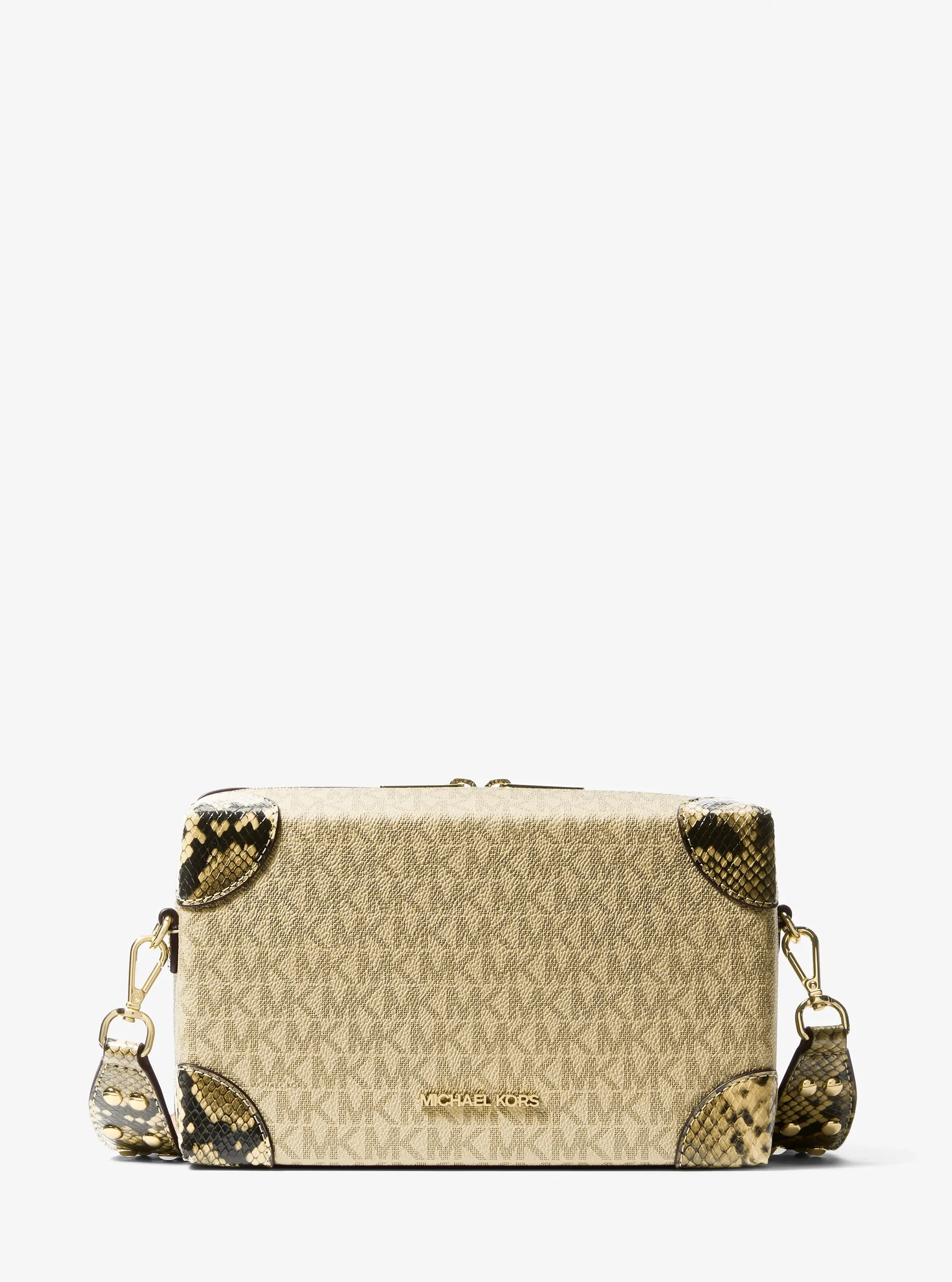 Michael Kors Jeanie Small Metallic Signature Logo and Snake Embossed Trunk Crossbody Bag