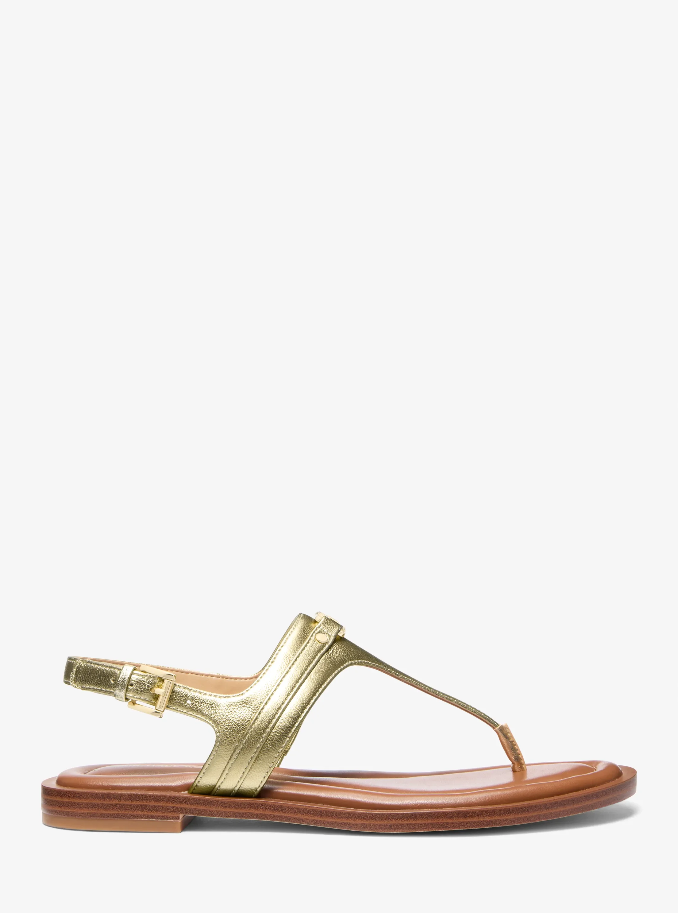 Женские сандалии Michael Kors Mandy Metallic Leather T-Strap Sandal, цвет: Бледный золотой — фото 2