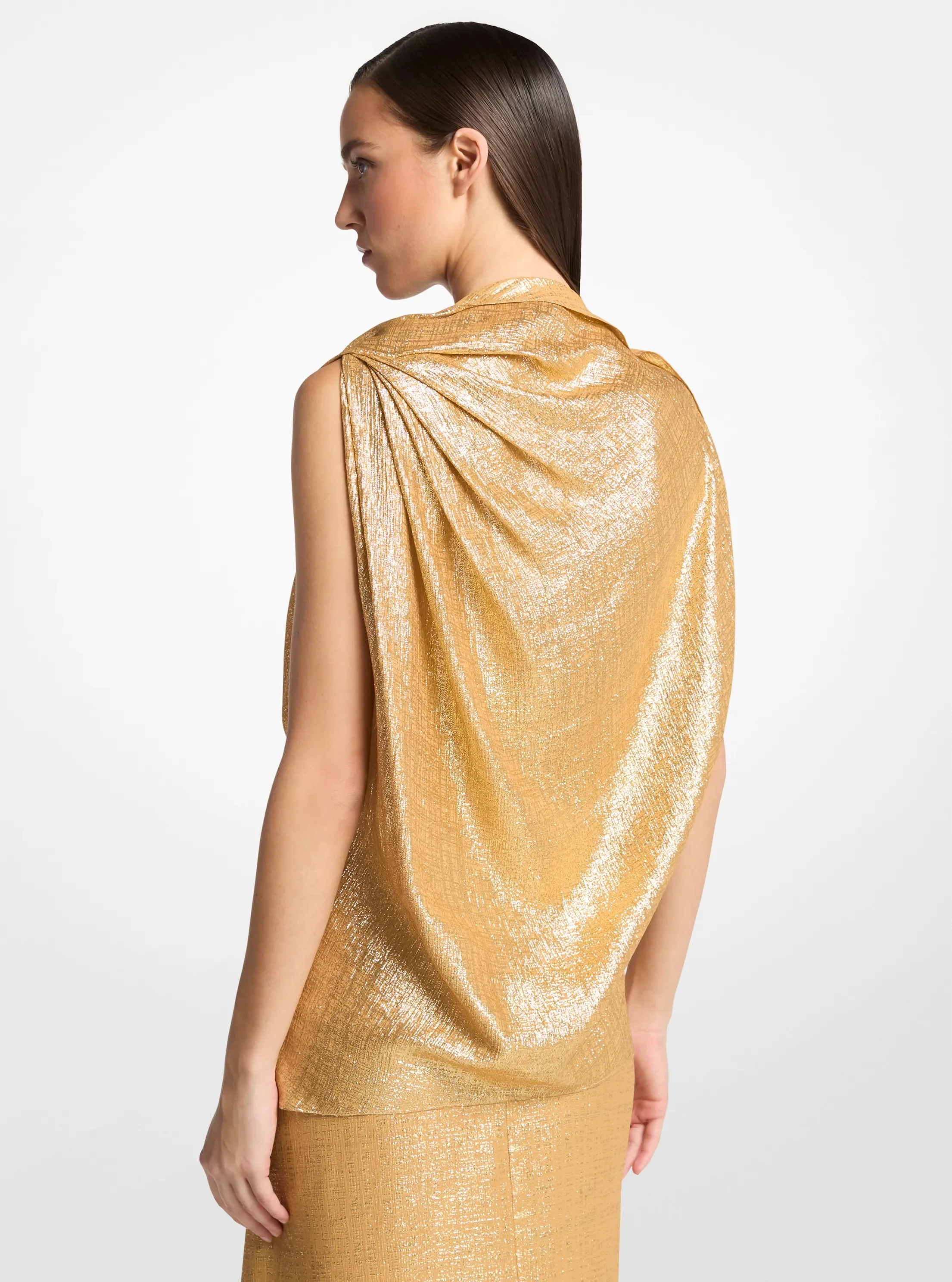 Блузка Michael Kors Silk Blend Georgette Lamé Draped Blouse, цвет: Кешью / Золотой — фото 2