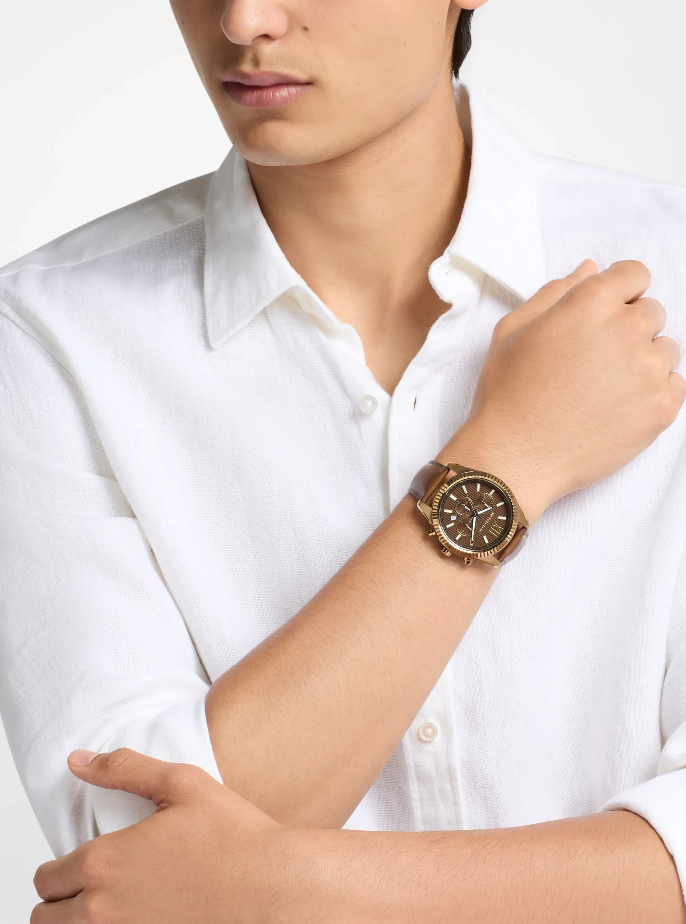 Женские часы Michael Kors Oversized Lexington Beige Gold-Tone Leather Watch — фото 4