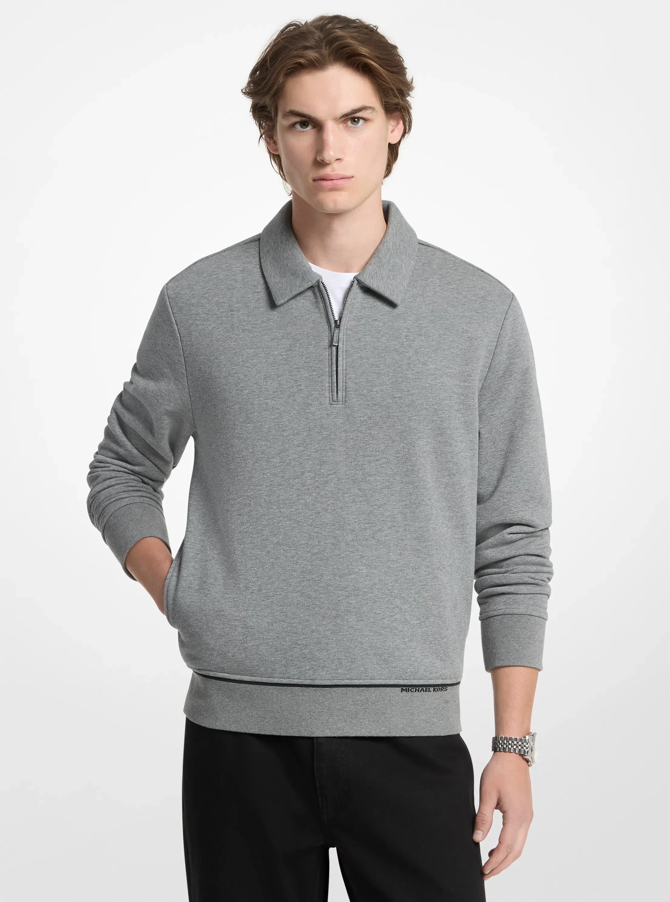 Мужской свитер Michael Kors Terry Cotton Blend Polo Sweater, цвет: Пепельный