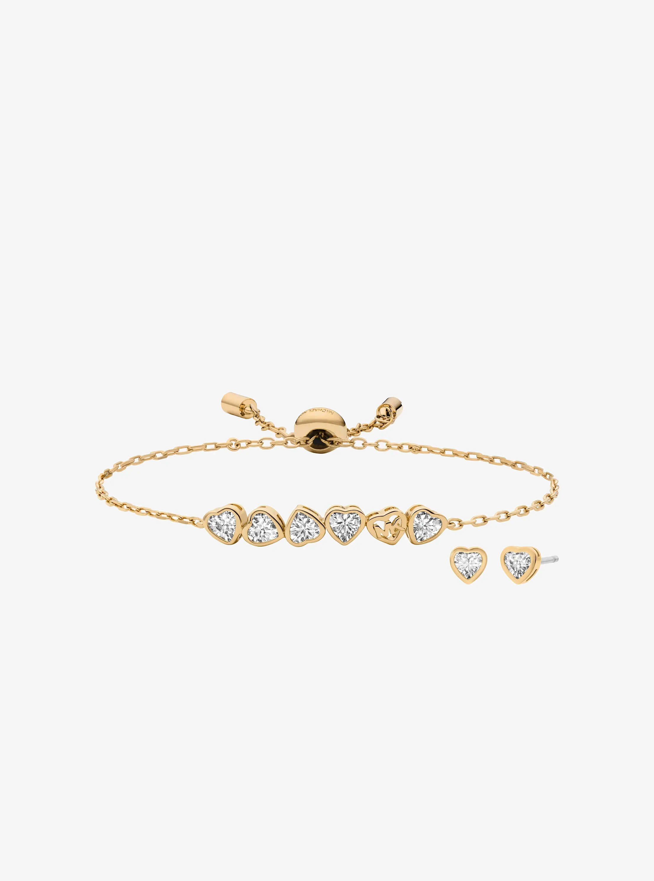 Украшения Michael Kors Cubic Zirconia Hearts Slider Bracelet and Stud Earrings, цвет: Золотой