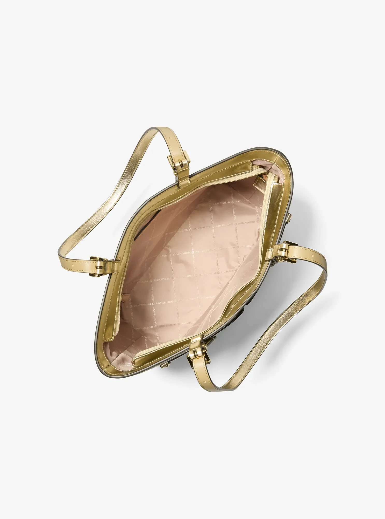Женская сумка Michael Kors Jet Set Medium Metallic Signature Logo Pocket, цвет: Бледный золотой — фото 2