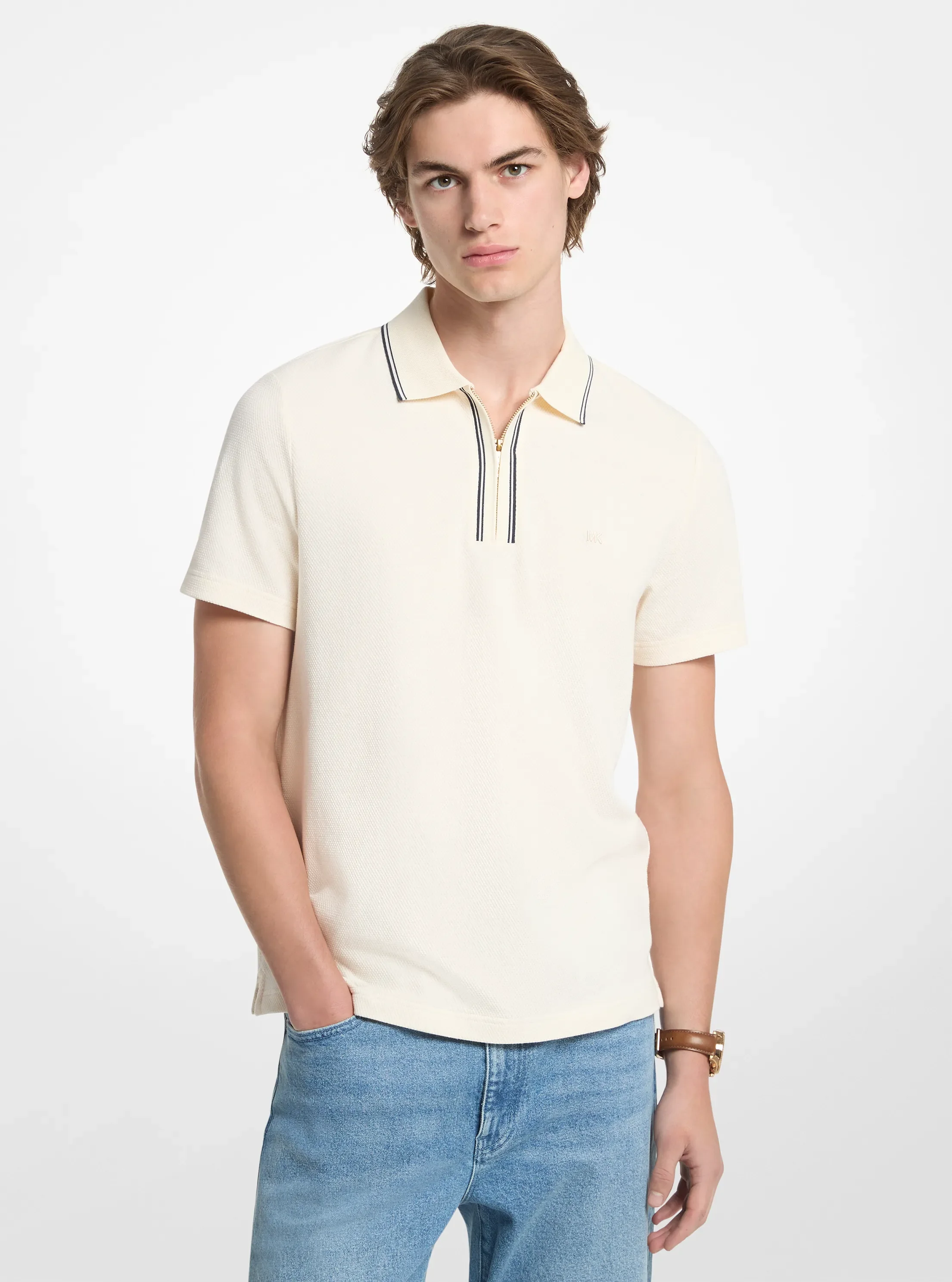 Мужские рубашки Michael Kors Textured Stretch Cotton Zip-Up Polo Shirt