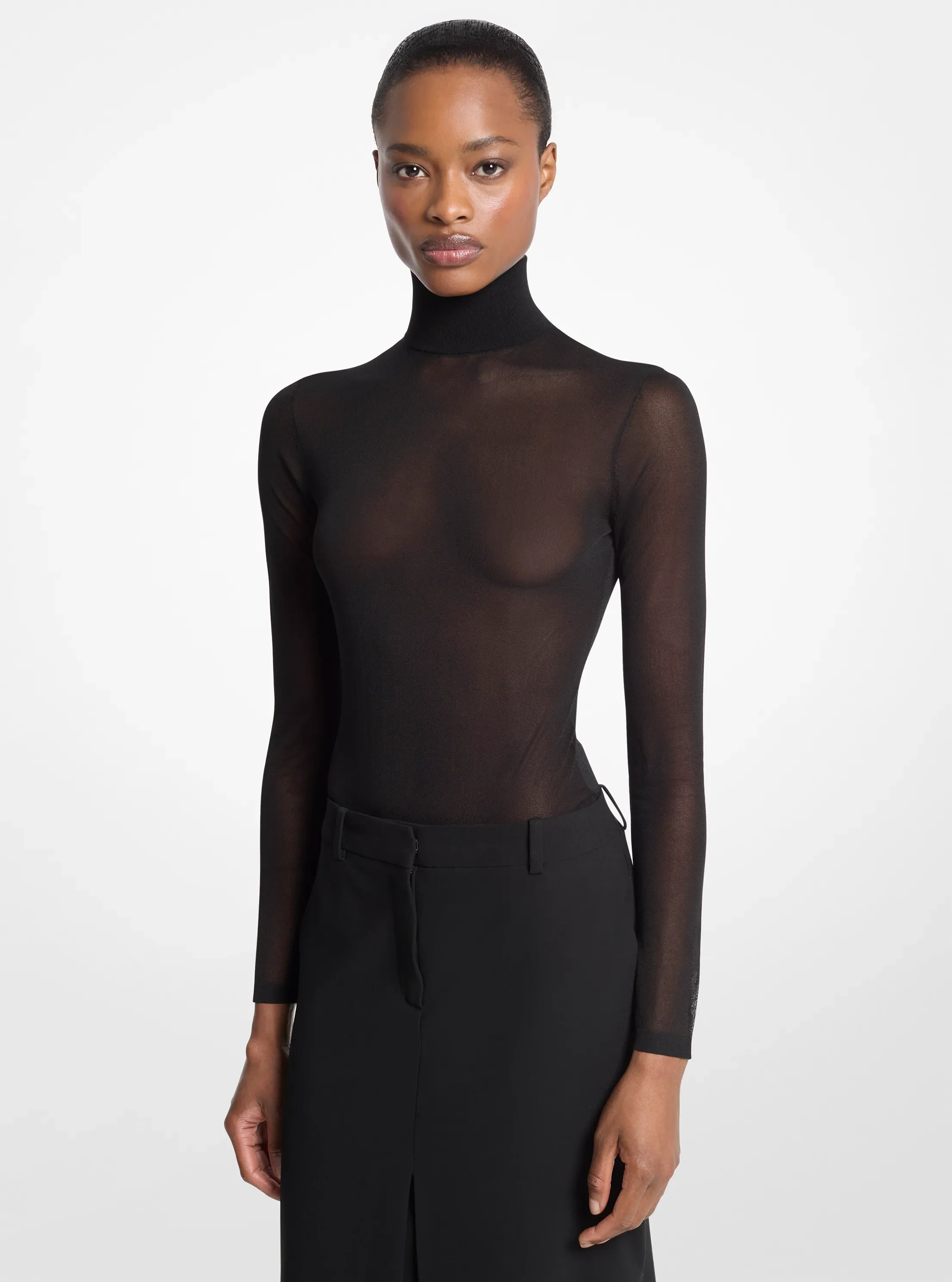 Michael Kors Superfine Sheer Viscose Turtleneck Bodysuit
