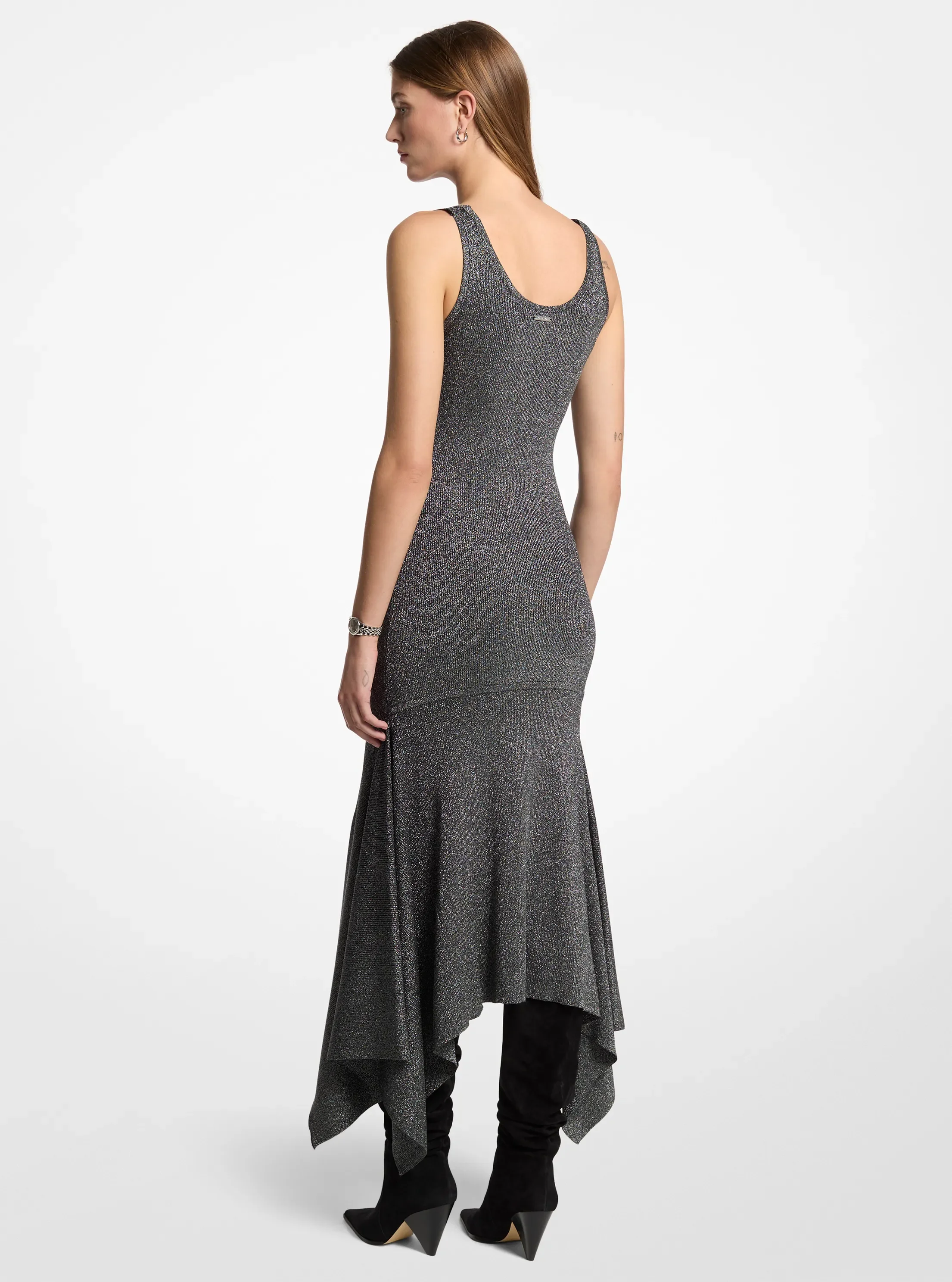 Женское платье Michael Kors Metallic Knit Asymmetric, цвет: Чёрный / Серебряный — фото 2
