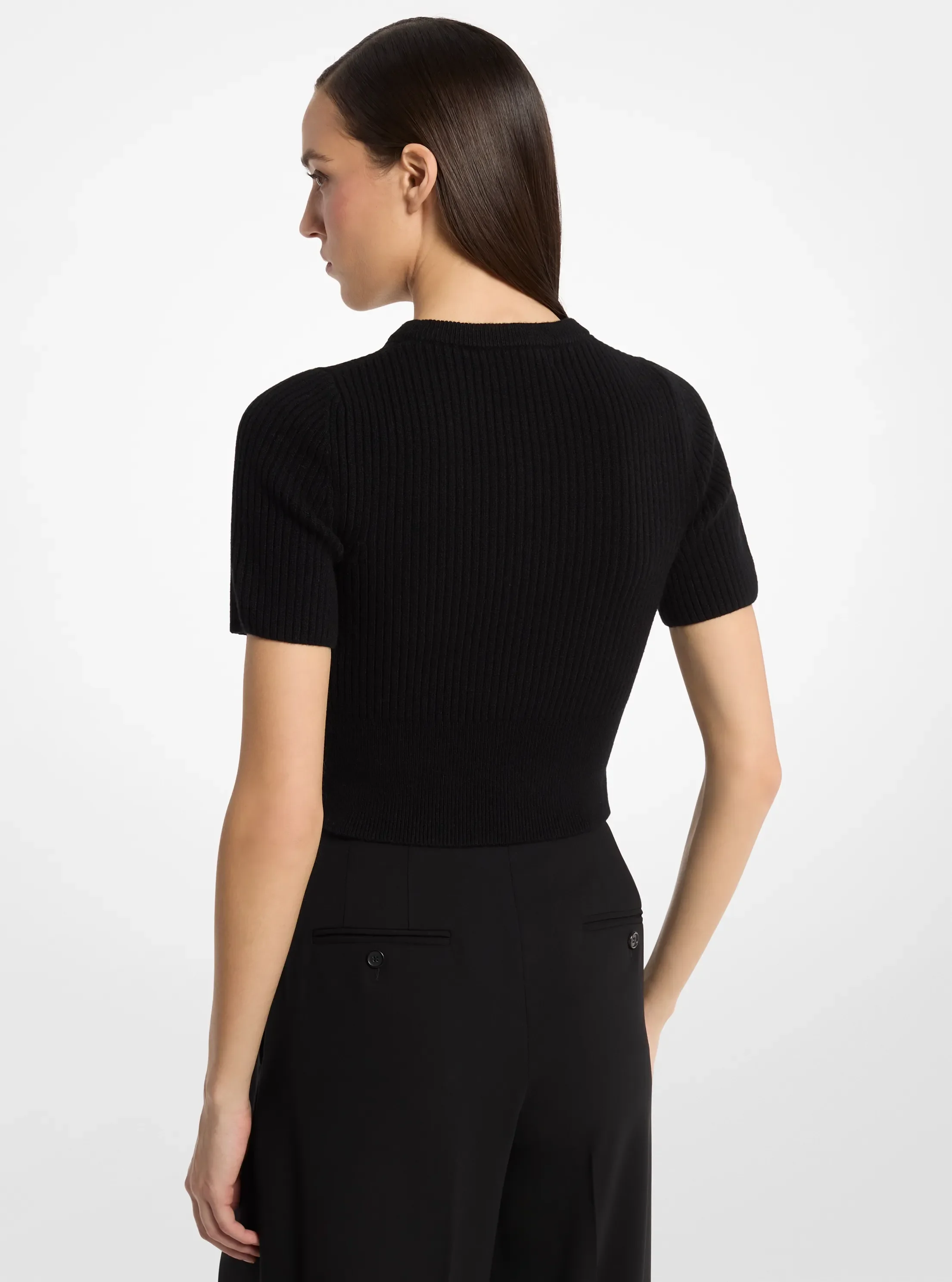 Женский свитер Michael Kors Ribbed Cashmere Three-Quarter Sleeve Cropped Sweater, цвет: Чёрный — фото 2