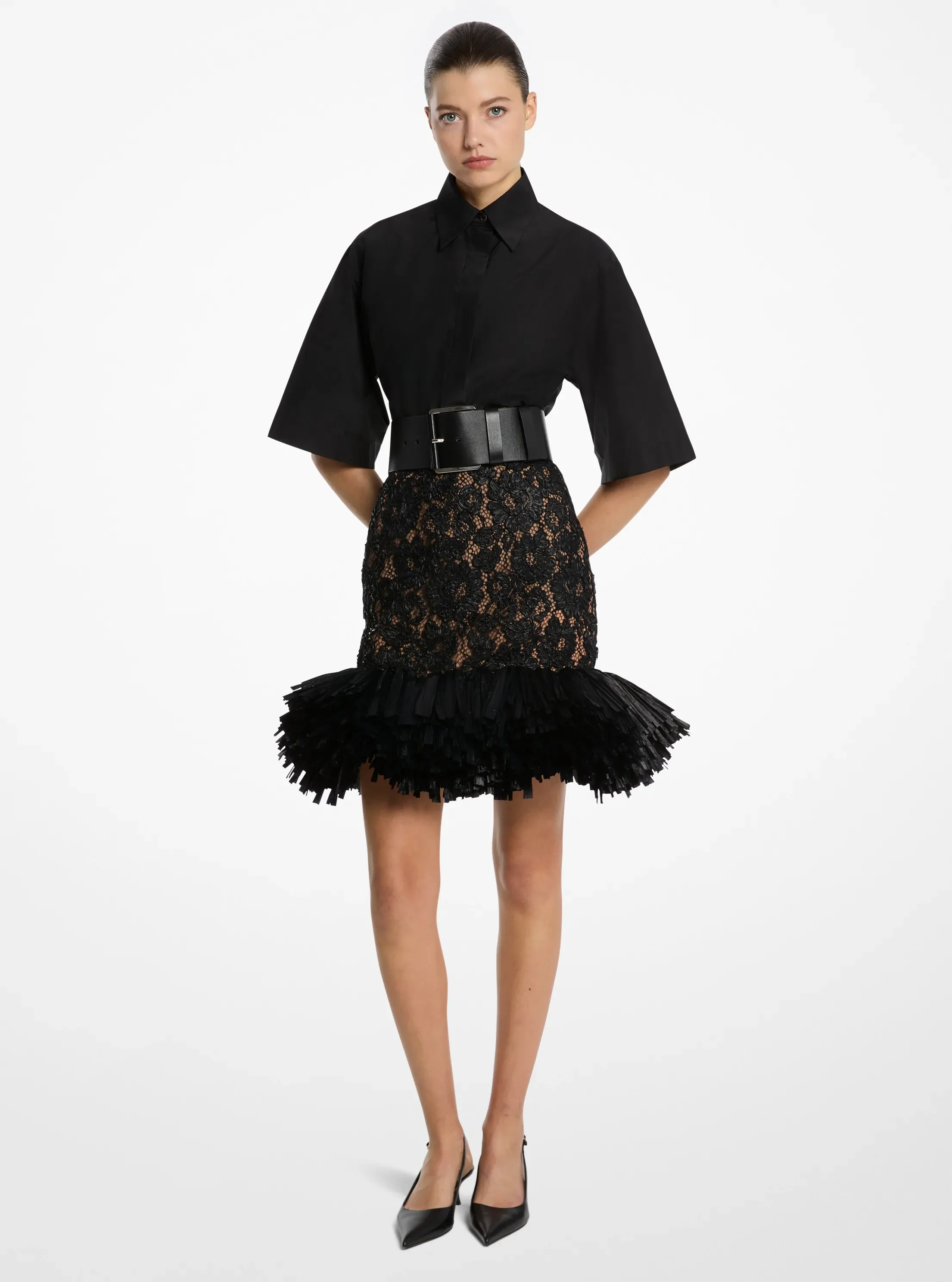 Юбка Michael Kors Hand-Embroidered Floral Lace and Fringe, цвет: Чёрный — фото 5