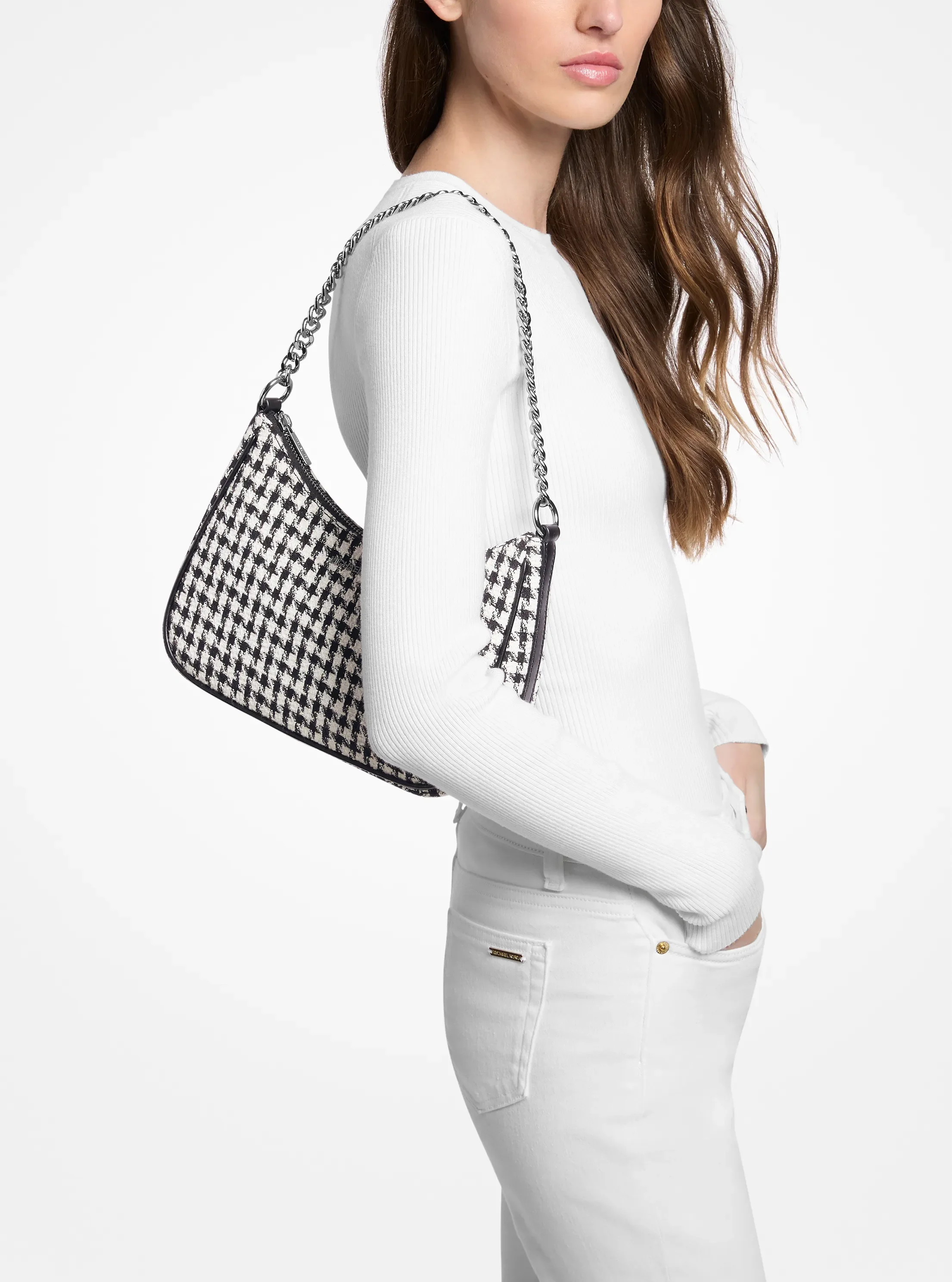 Сумка Michael Kors Jet Set Travel Houndstooth Woven Convertible Pochette, цвет: Чёрный / Светлый кремовый — фото 5