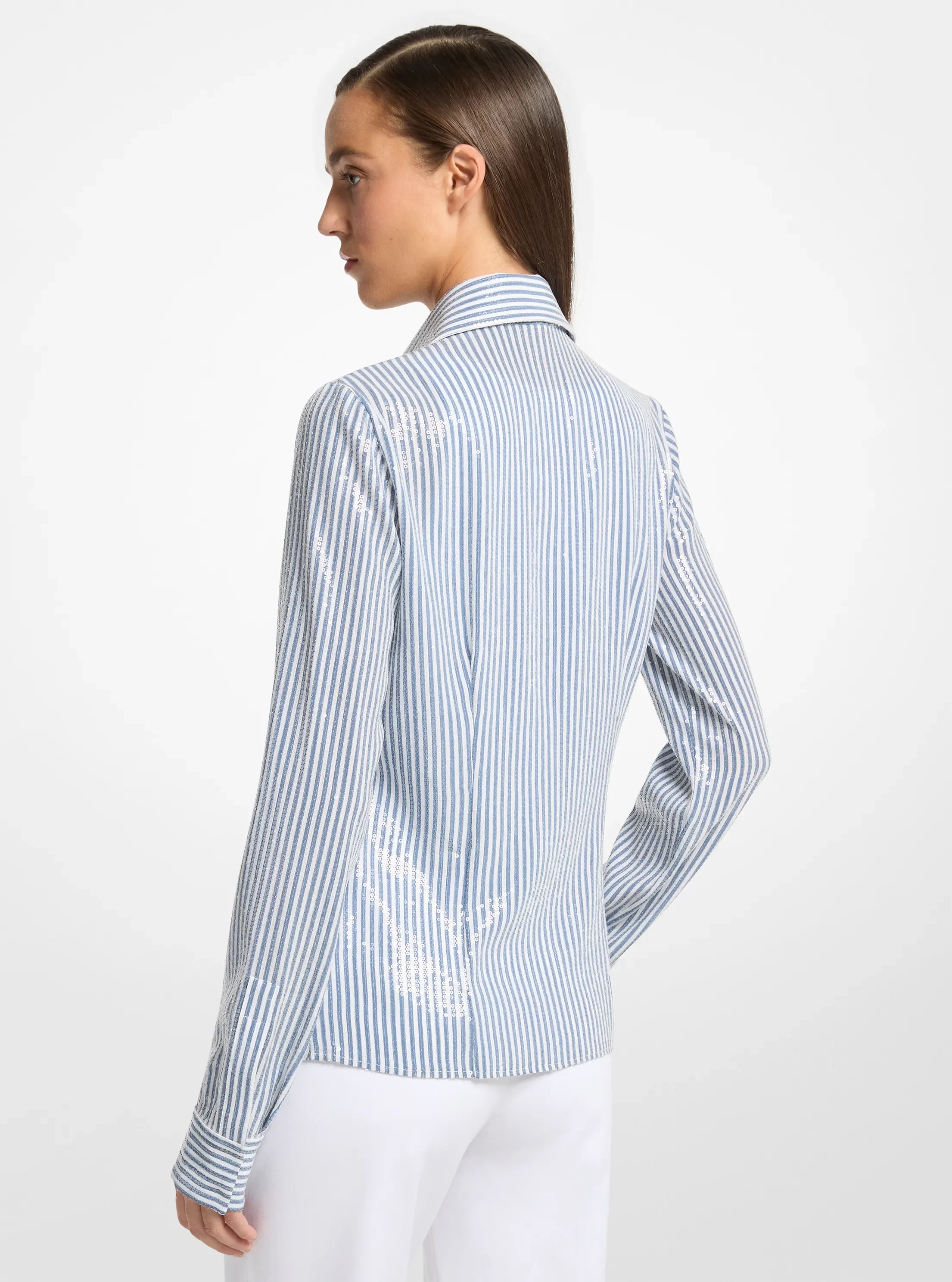Женская рубашка Michael Kors Hansen Sequined Striped Silk Crepe De Chine, цвет: Стальной / Оптический белый — фото 2