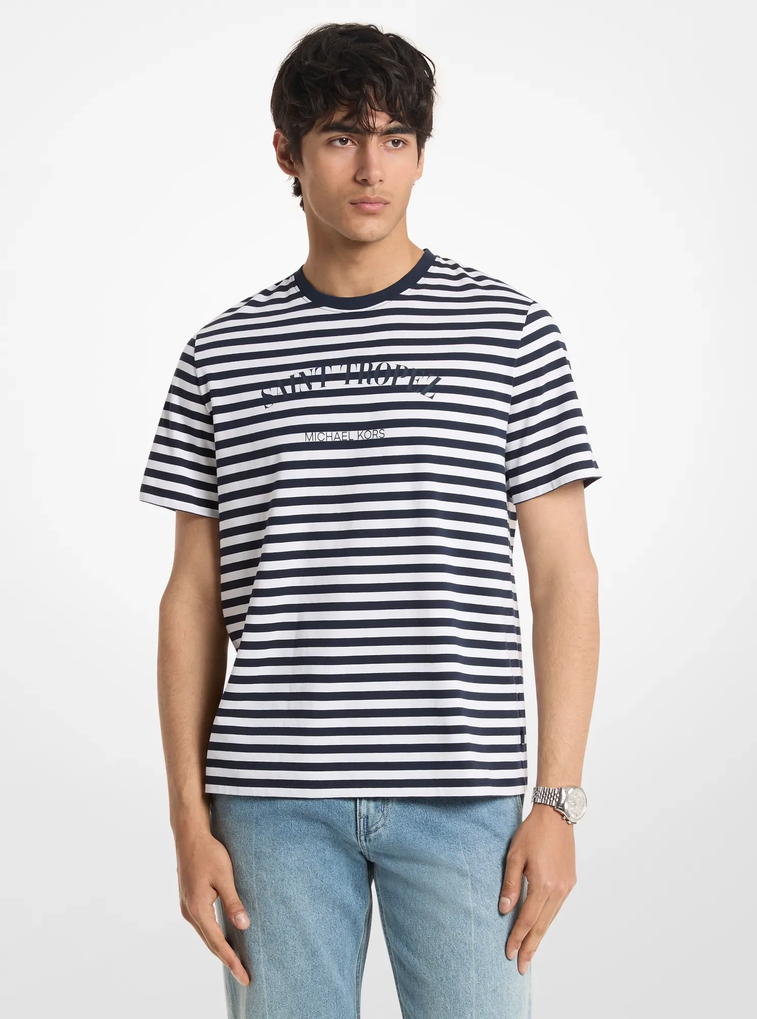 Мужская футболка Michael Kors Provence Striped Cotton Jersey T-Shirt, цвет: Тёмно-синий