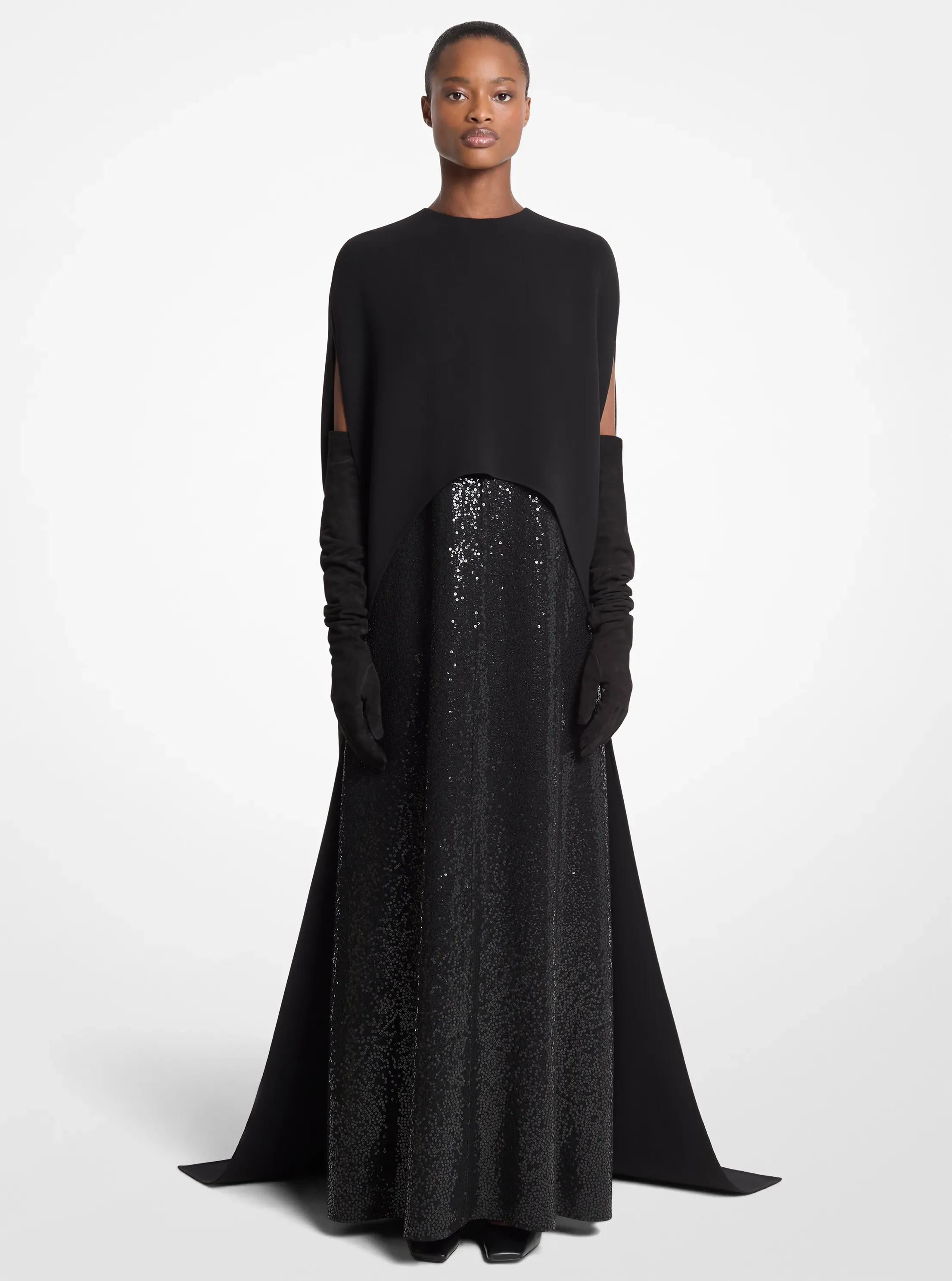 Michael Kors Double-Faced Stretch Wool and Hand-Embroidered Sequin Cape Gown