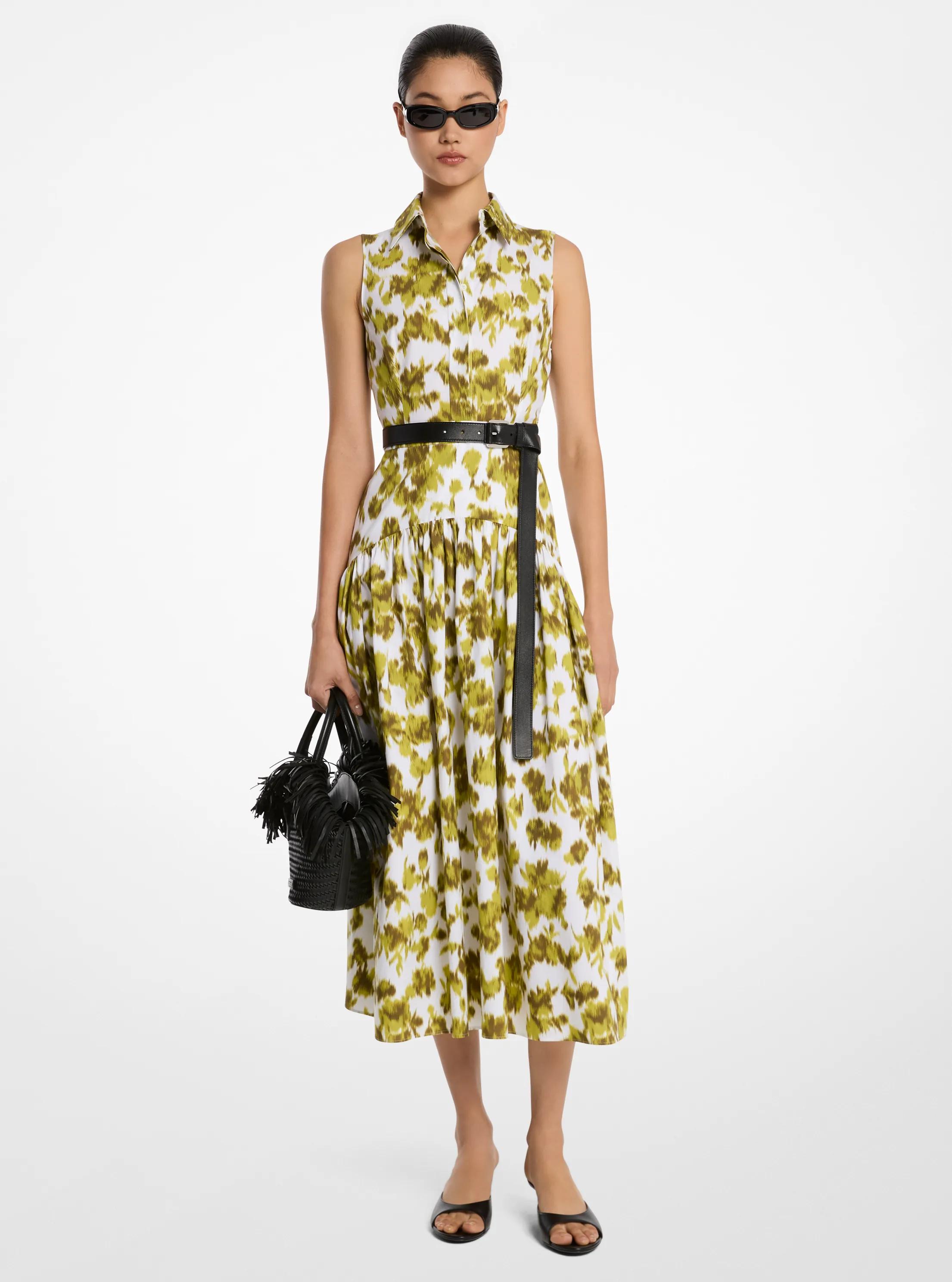 Vestido camisero de popelina de algod&oacute;n con estampado floral in MUSGO/BLANCO INTENSO | Michael Kors