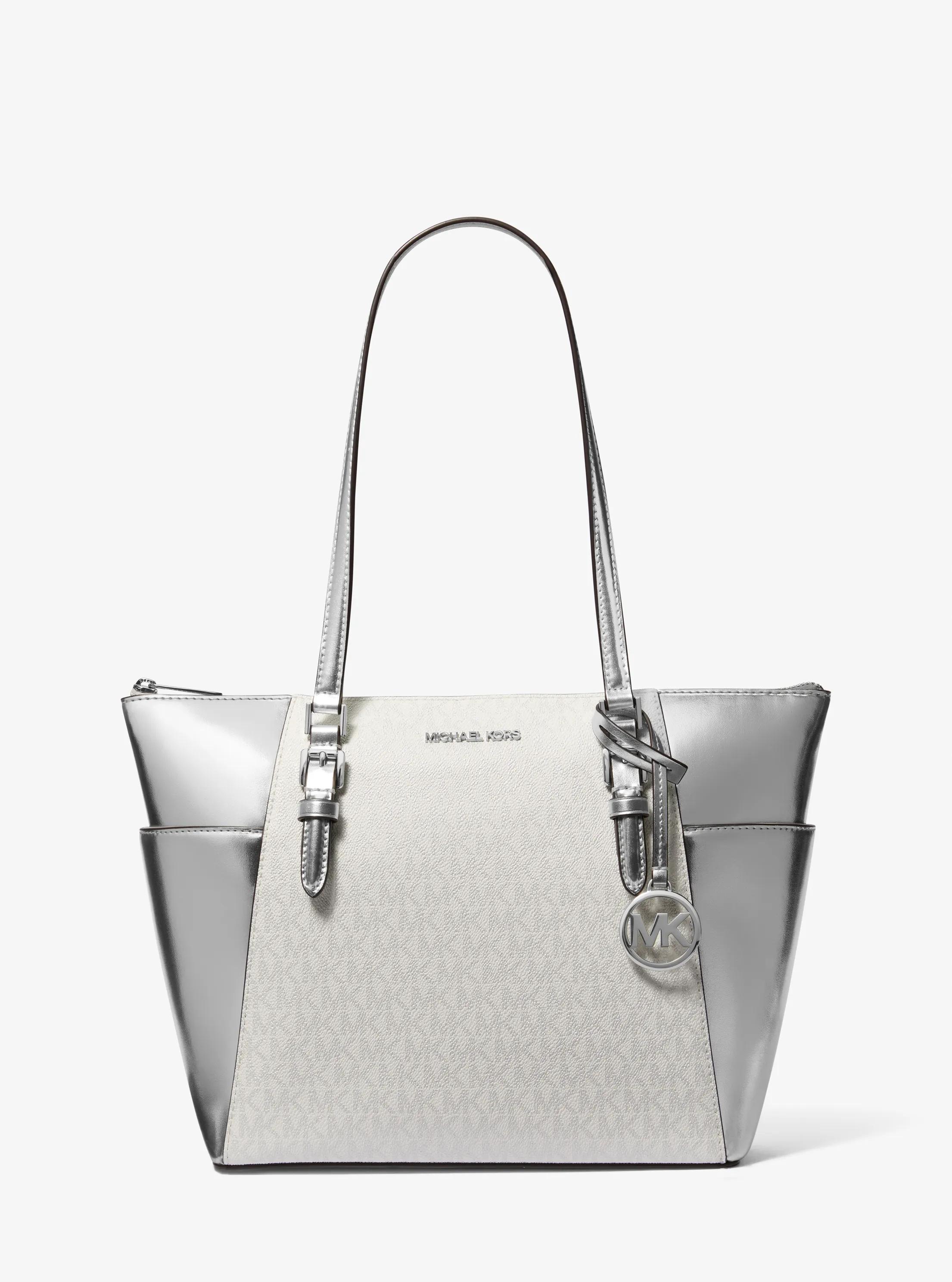 Charlotte Large Signature Logo and Metallic Tote Bag in SILVER