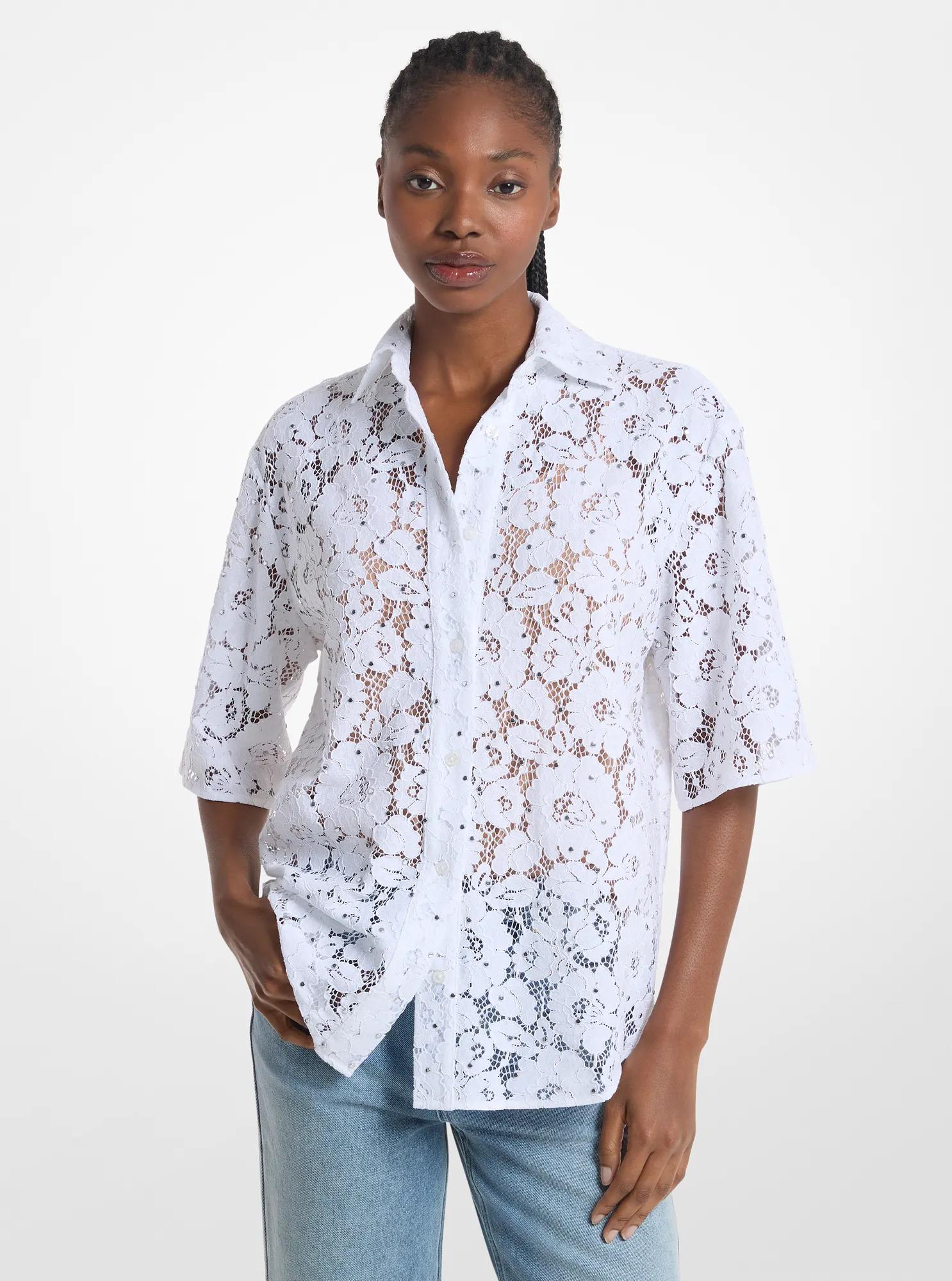 Chemise en dentelle florale en point d&rsquo;Alen&ccedil;on clout&eacute; in BLANC | Michael Kors