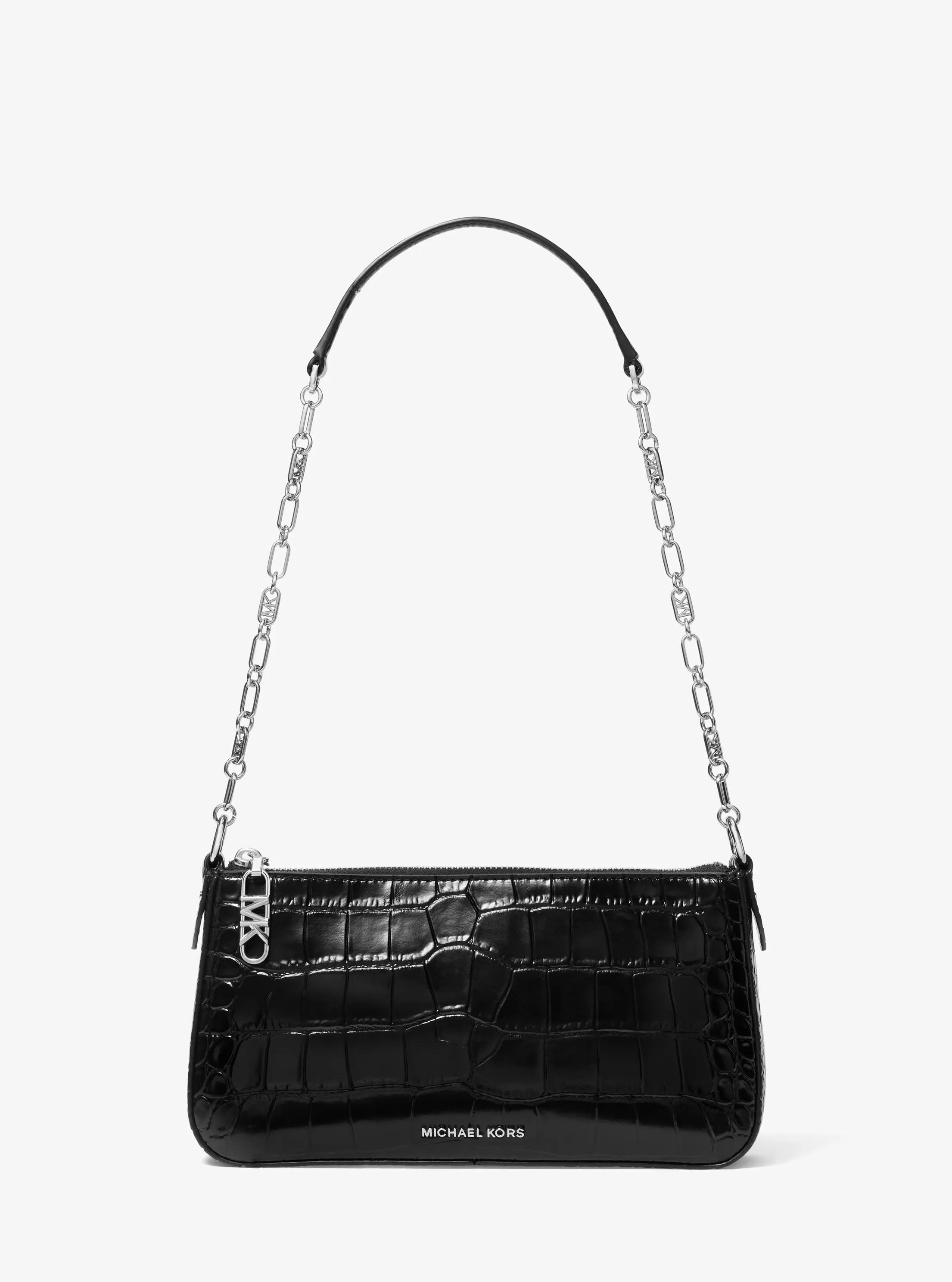 Pochette mediano de piel con motivo de cocodrilo en relieve, logotipo imperio y cadena de eslabones