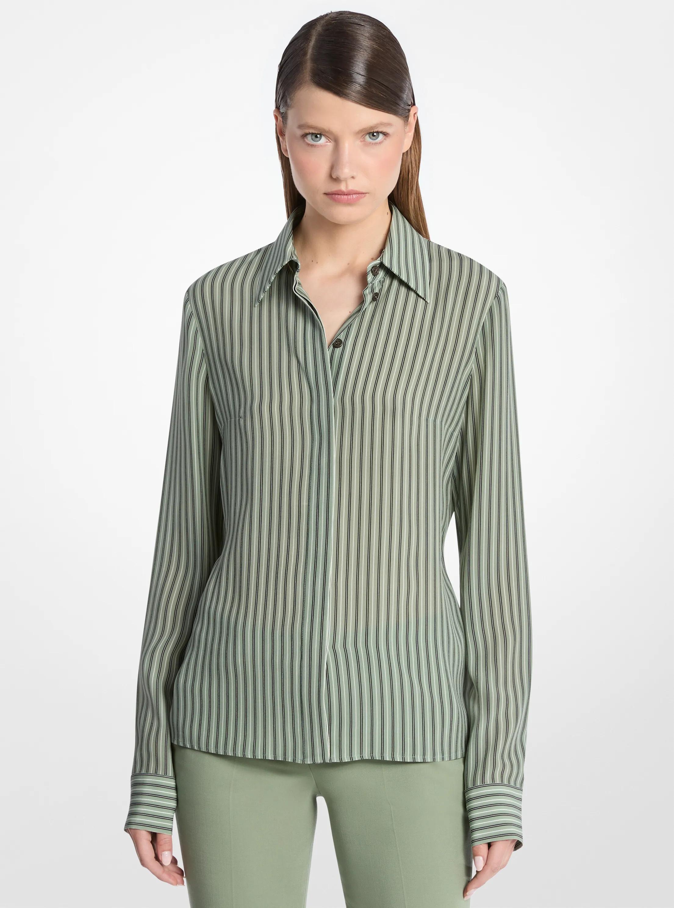 Hansen Striped Silk Crepe De Chine Shirt in CELADON MUL | Michael Kors