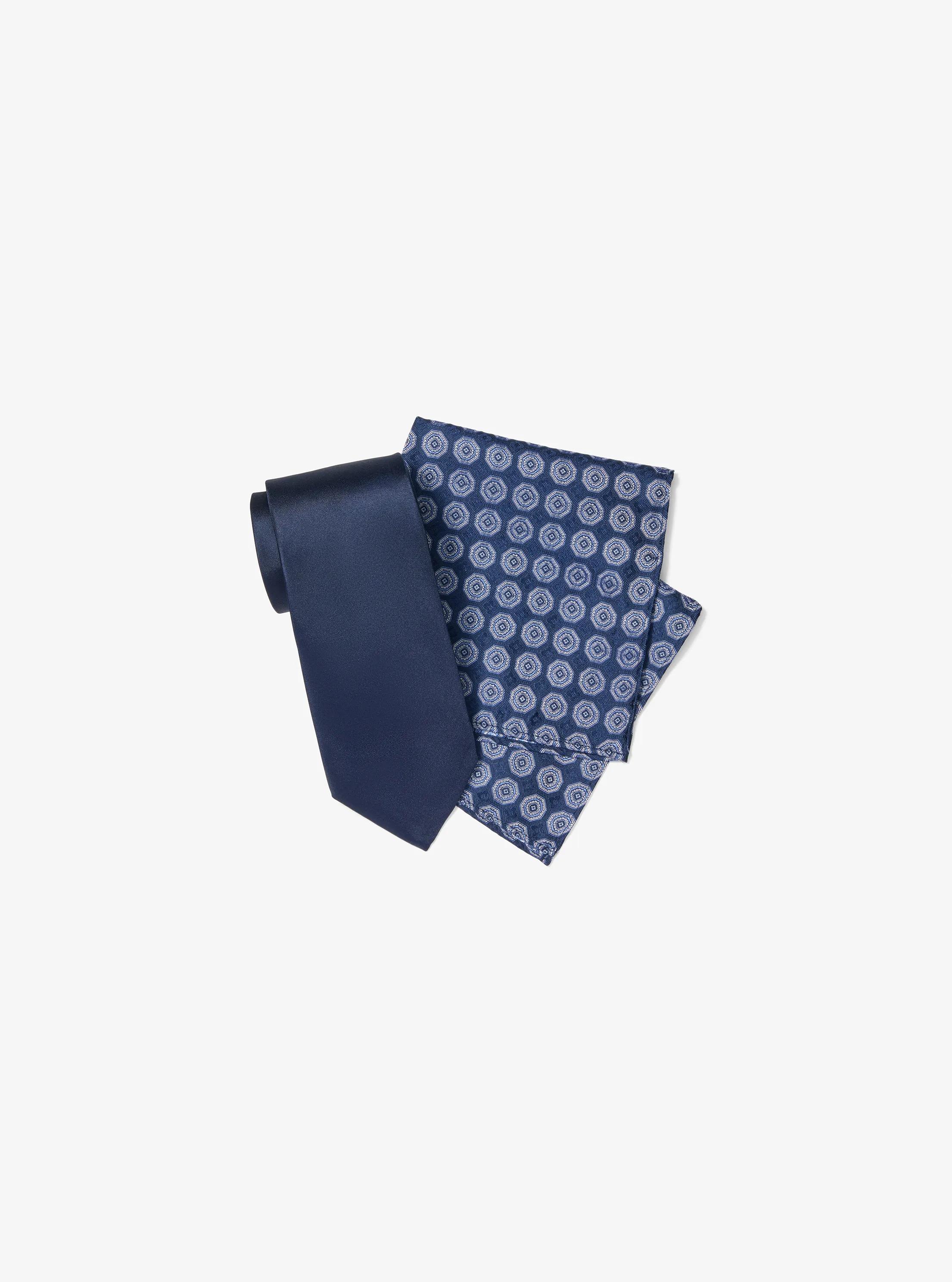 MK Coffret cadeau avec cravate en soie et carré de poche à imprimé - Bleu - Michael Kors
