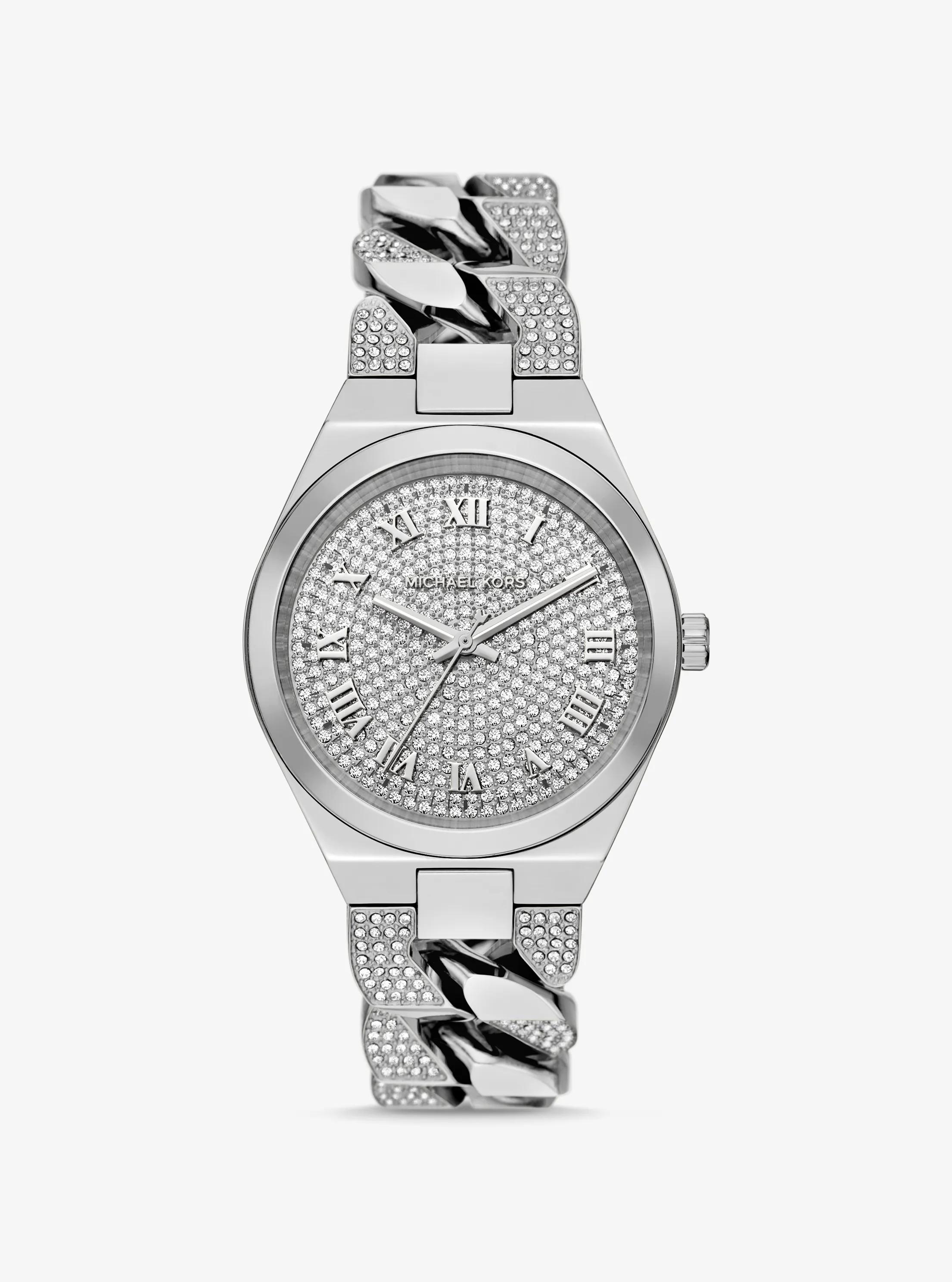 Lennox Pav&eacute; Silver-Tone Curb-Link Watch in SILVER | Michael Kors
