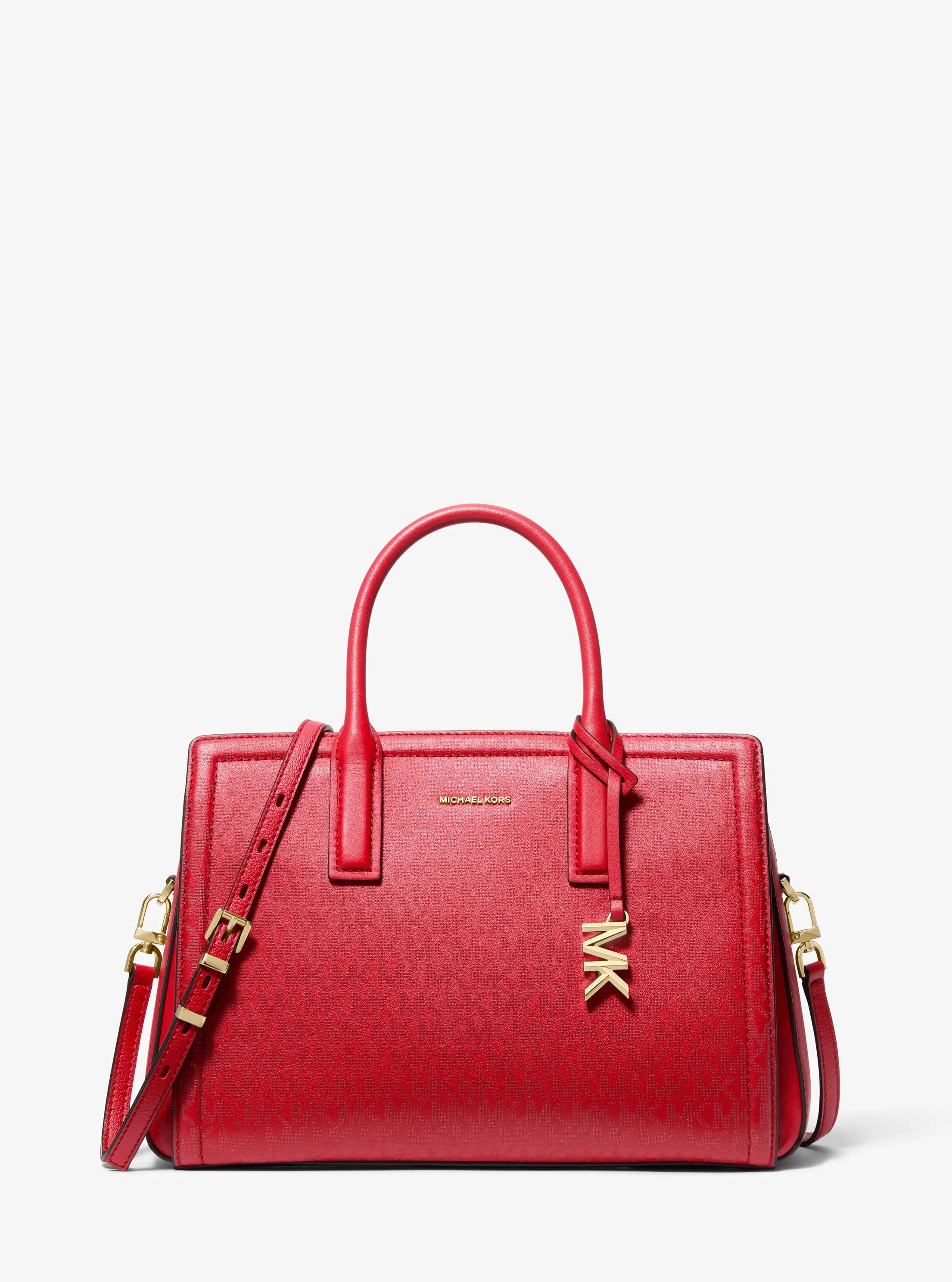 Laila Medium Metallic Signature Logo Satchel in CRIMSON | Michael Kors