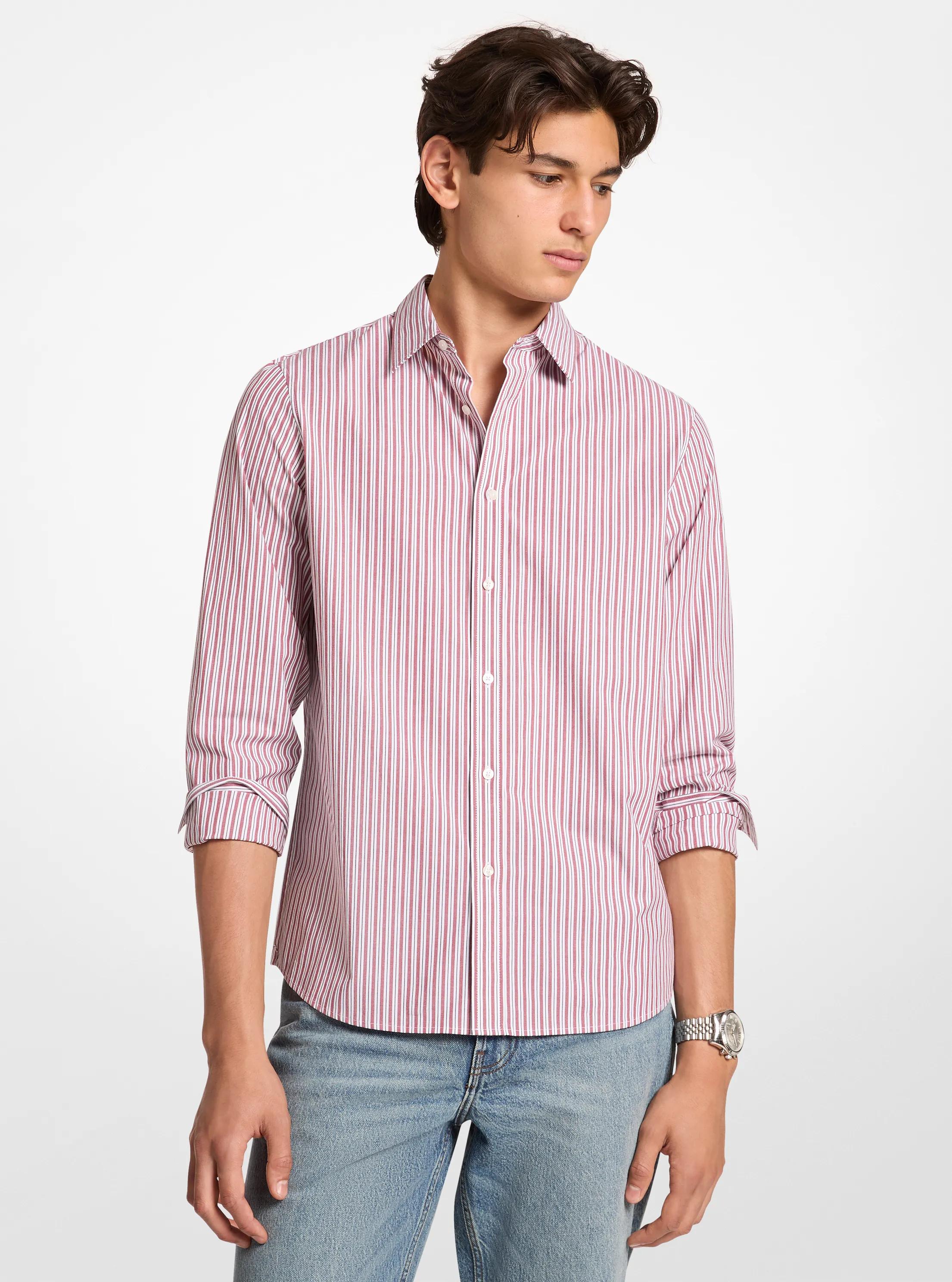 Striped Stretch Cotton Shirt in MAROON | Michael Kors