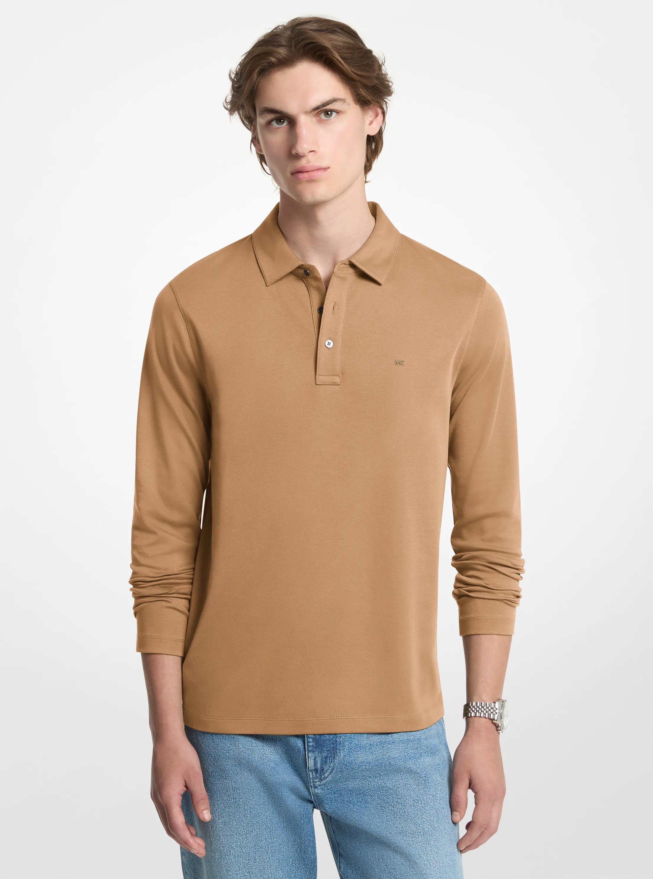Cotton Long-Sleeve Polo Shirt in DARK CAMEL | Michael Kors