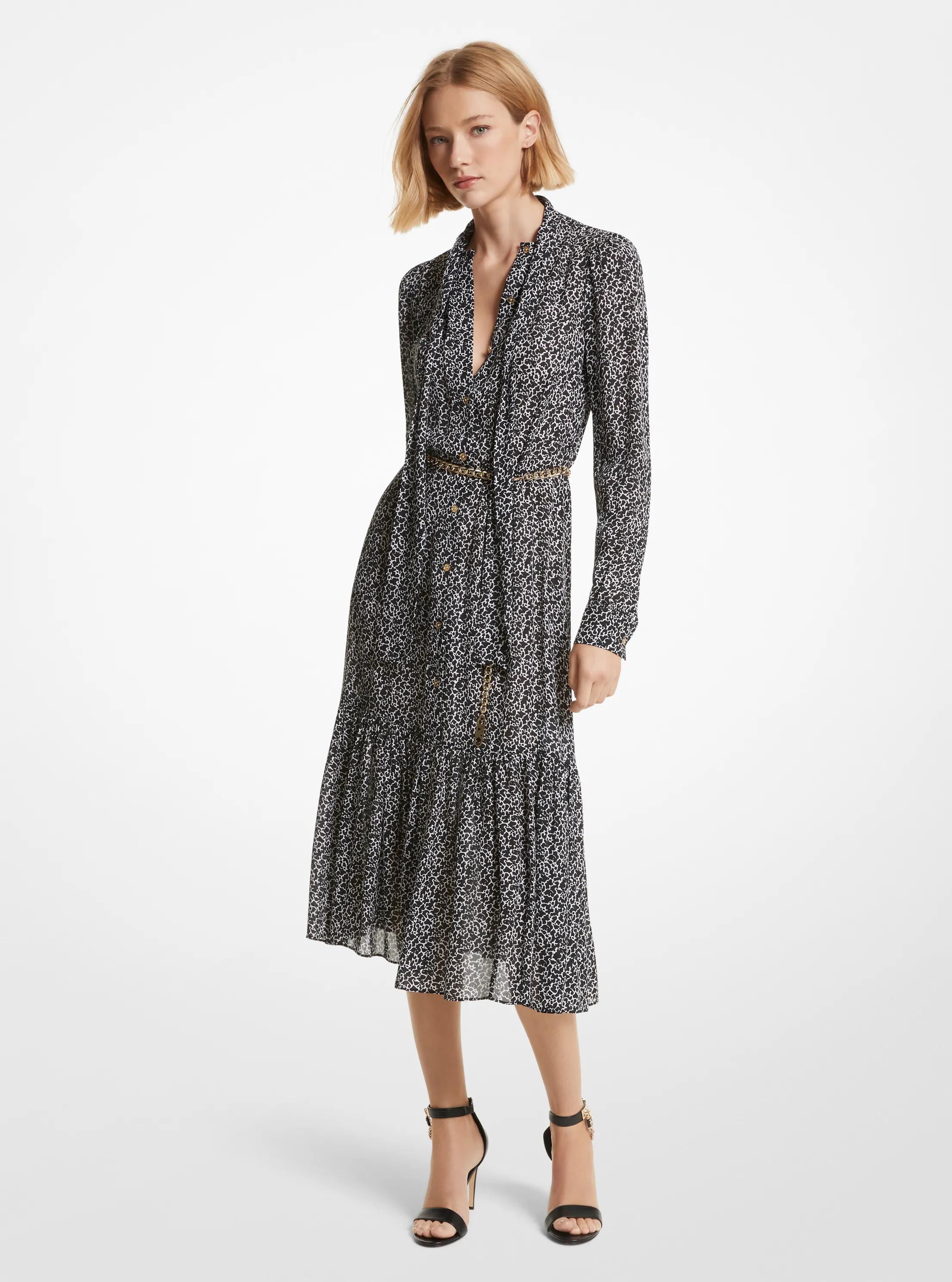 Animal Print Georgette Belted Dress in WHITE | Michael Kors