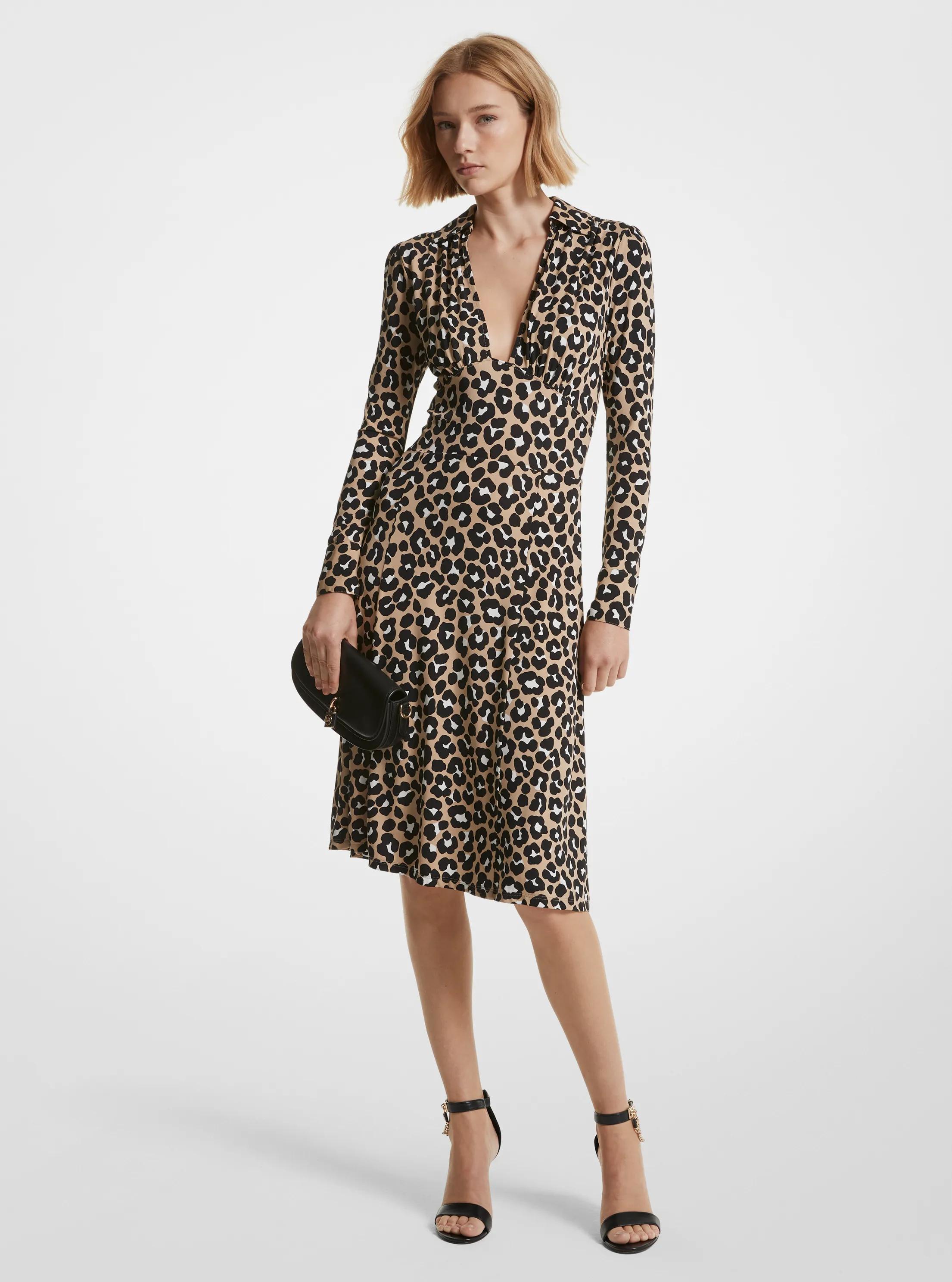 Vestido de punto liso mate el&aacute;stico con estampado de leopardo in CAQUI/NEGRO | Michael Kors
