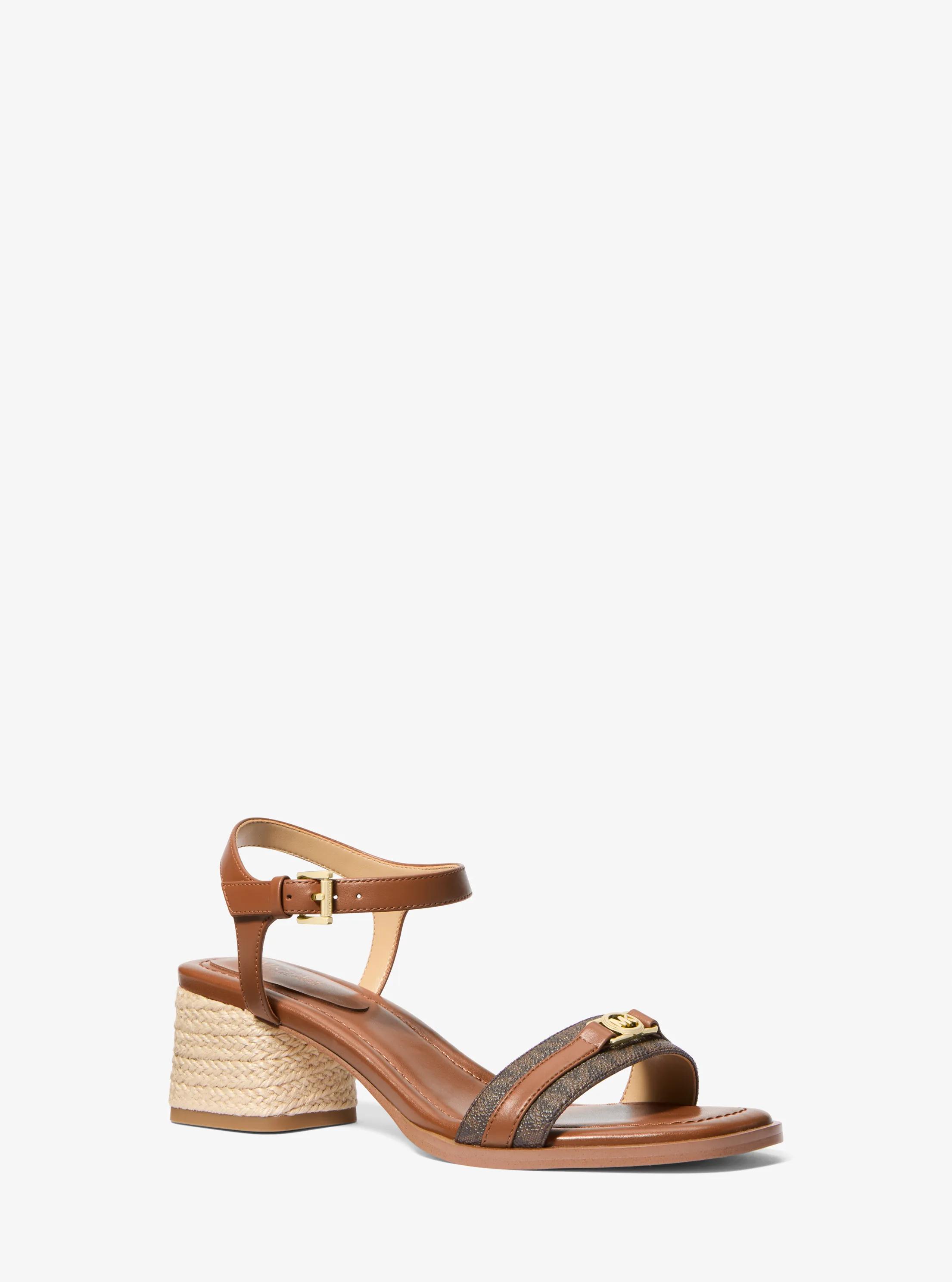 Mandy Signature Logo and Leather Sandal in BROWN/LUGGAGE | Michael Kors
