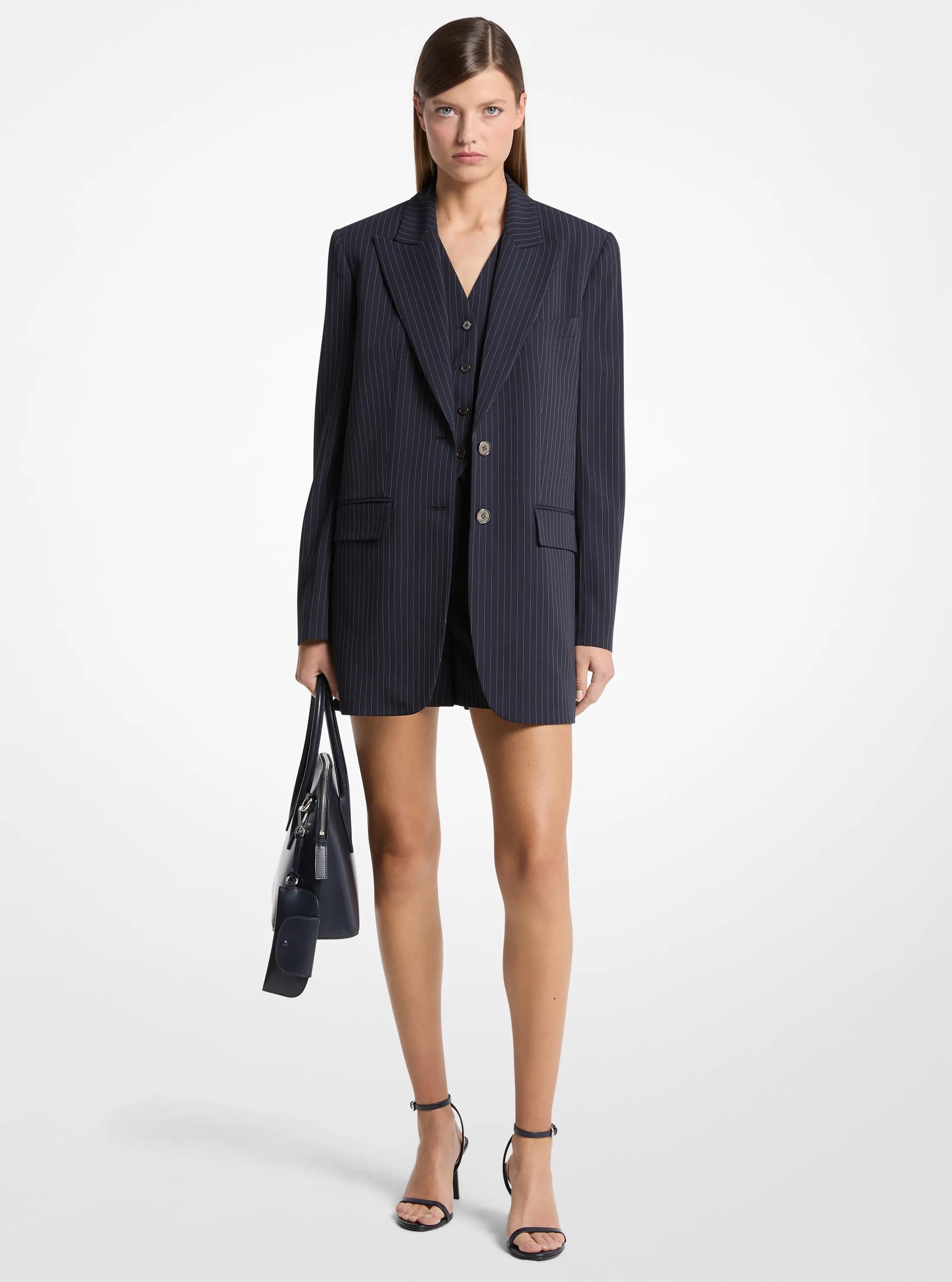 Pinstripe Wool Blend Boyfriend Blazer in Midnight/white | Michael Kors