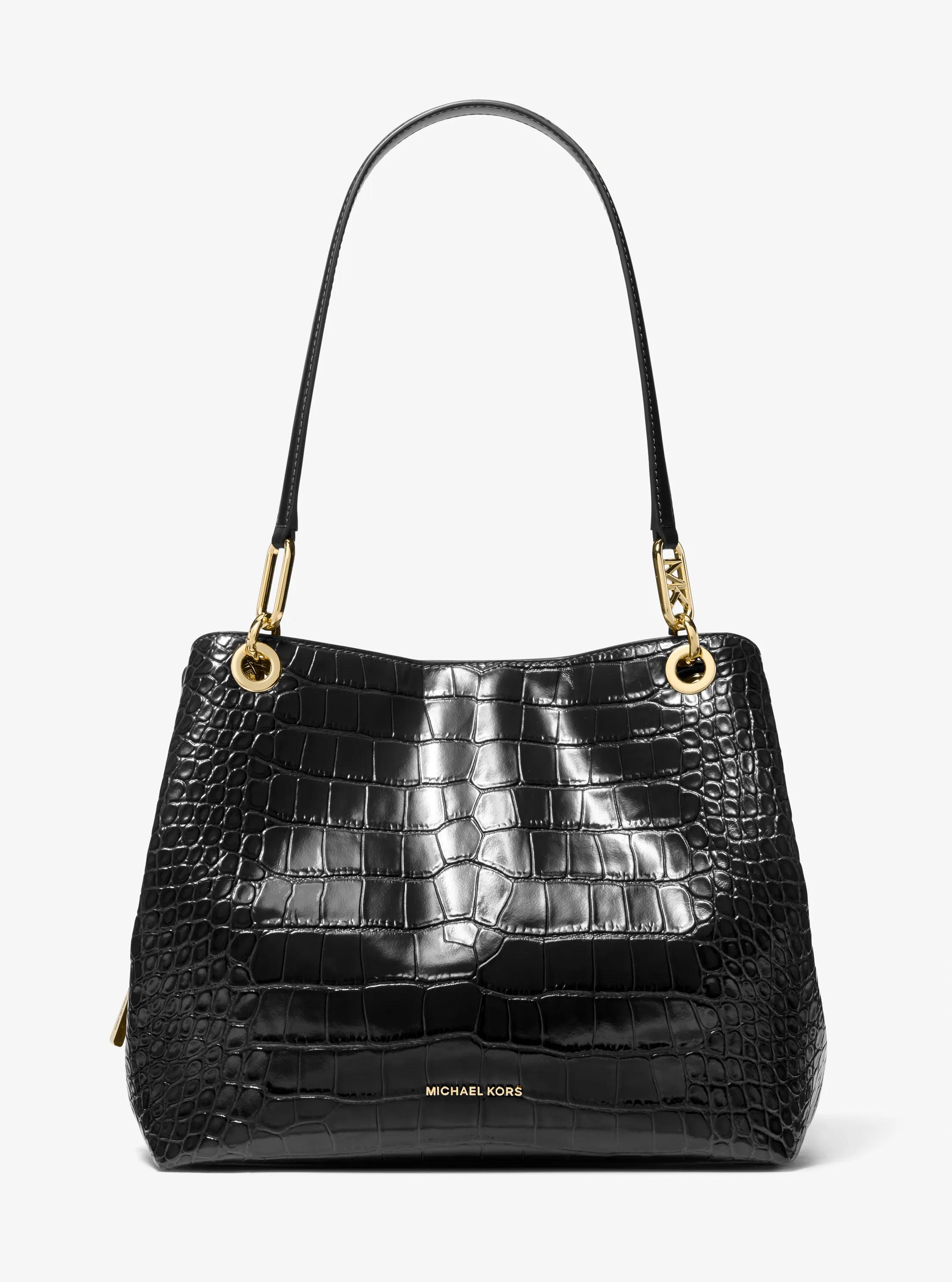 Kensington Large Crocodile Embossed Leather Tote Bag in BLACK | Michael Kors