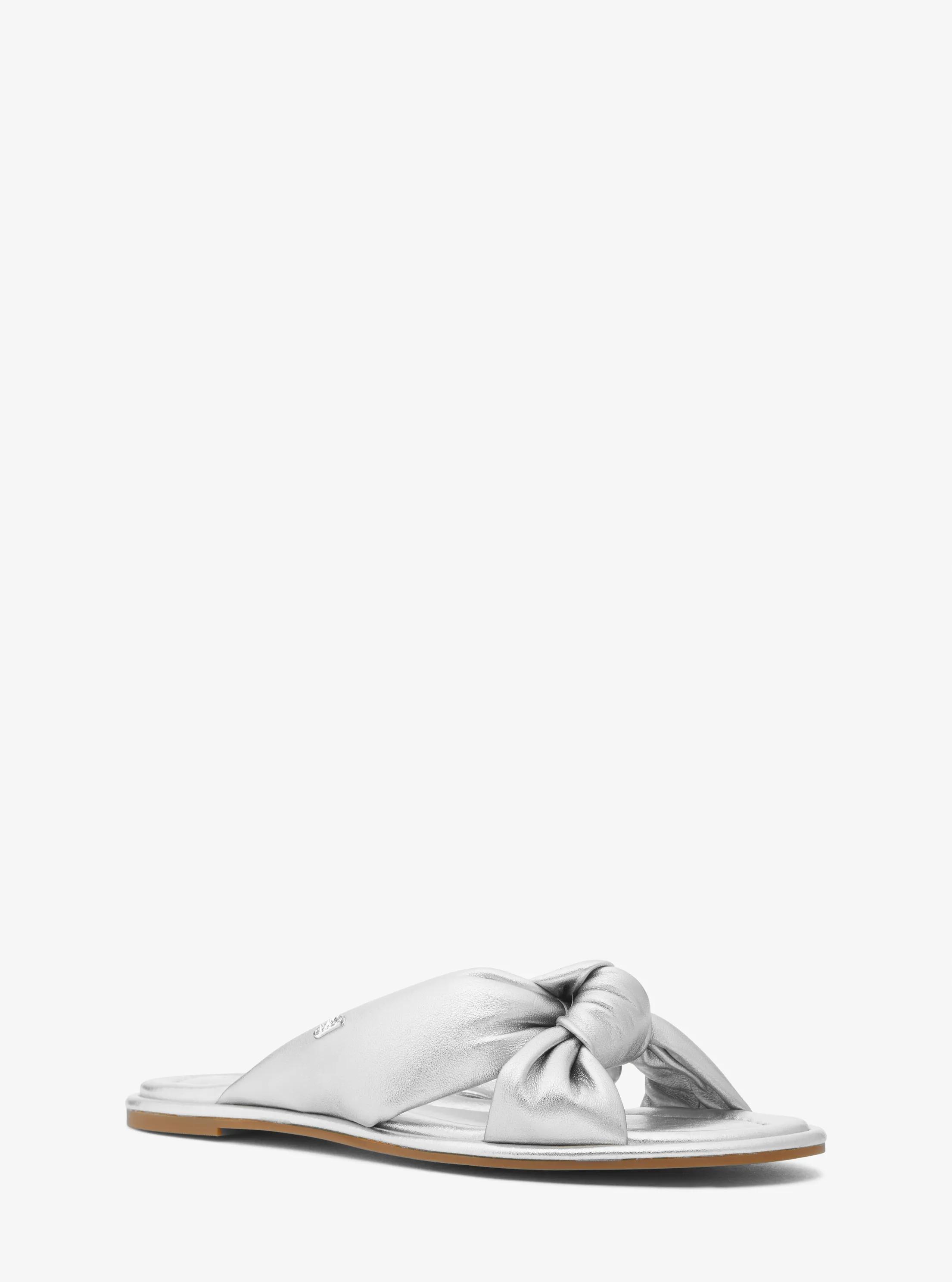 Elena Metallic Leather Slide Sandal in SILVER | Michael Kors
