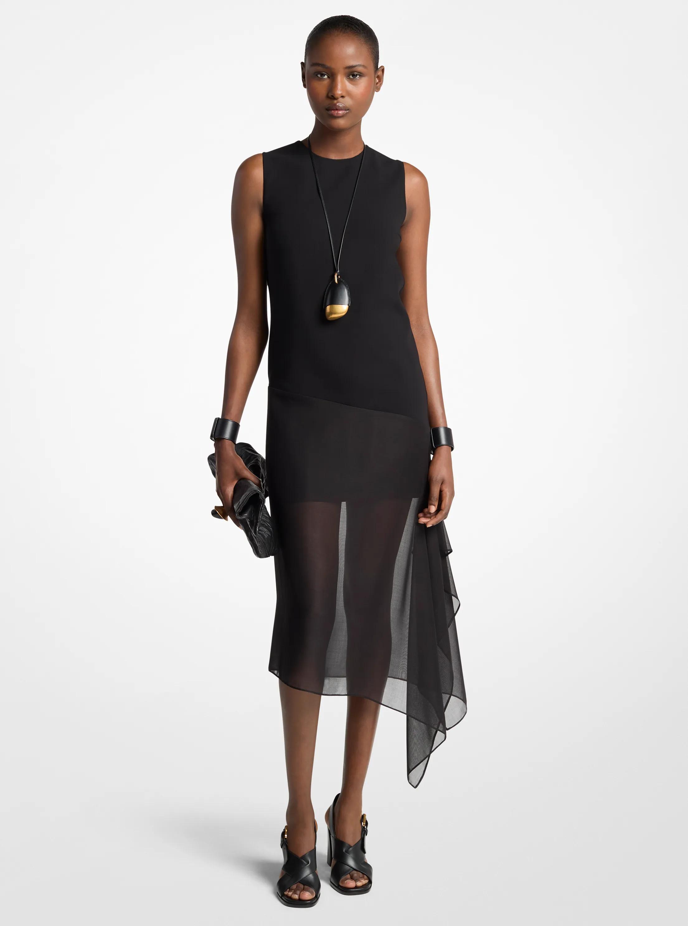 Vestido de crep&eacute; de lana el&aacute;stico de doble cara y velo de gasa de seda in NEGRO | Michael Kors